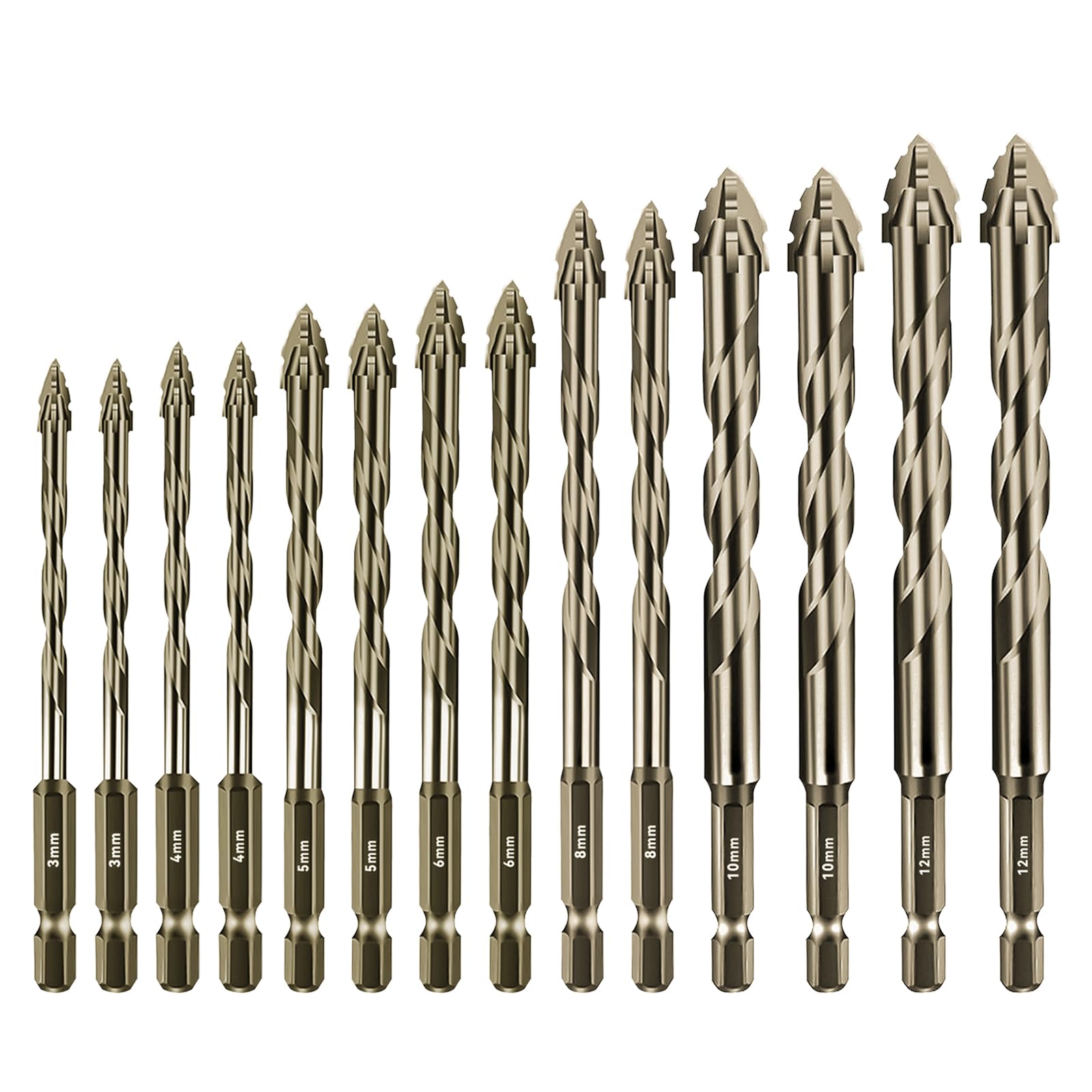 Juego de 14 Brocas Excéntricas de 4 Filos para Azulejo y Vidrio, Diámetro Ø 3–12 mm, para Perforar Cerámica, Porcelana, Ladrillo, Plástico, Madera