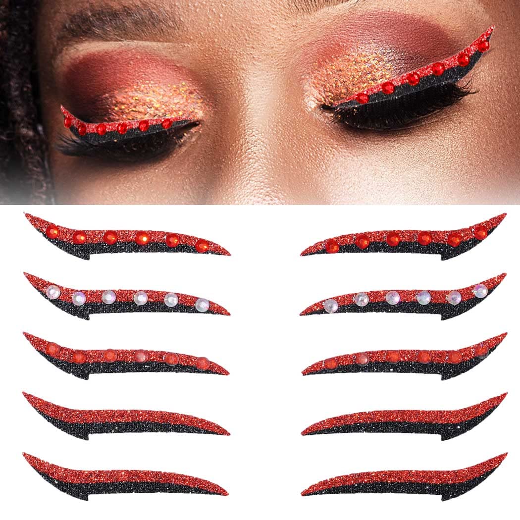 Eyeliner Stickers Glitter Eyeliner Sticker with Rhinestones Instant Adhesive Eye Line Strip Reusable Eyeshadow Stickers Colorful Eyelid Tape for Party Eye Makeup Tool for Women and Girls (Red)
