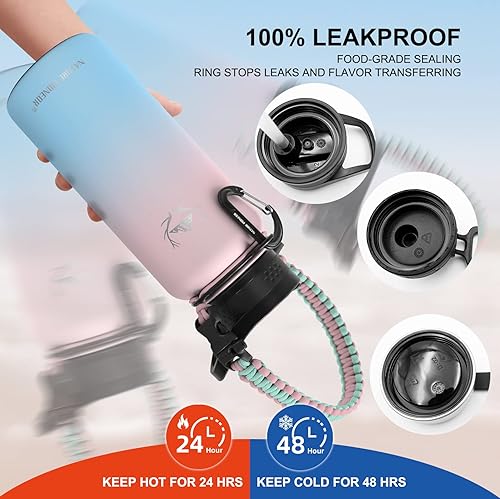 Miniatura 4 de NATURE PIONEOR Botellas de agua aisladas con mango de paracaídas, botella de agua deportiva al vacío de 32 onzas de boca ancha con 3 tapas, acero