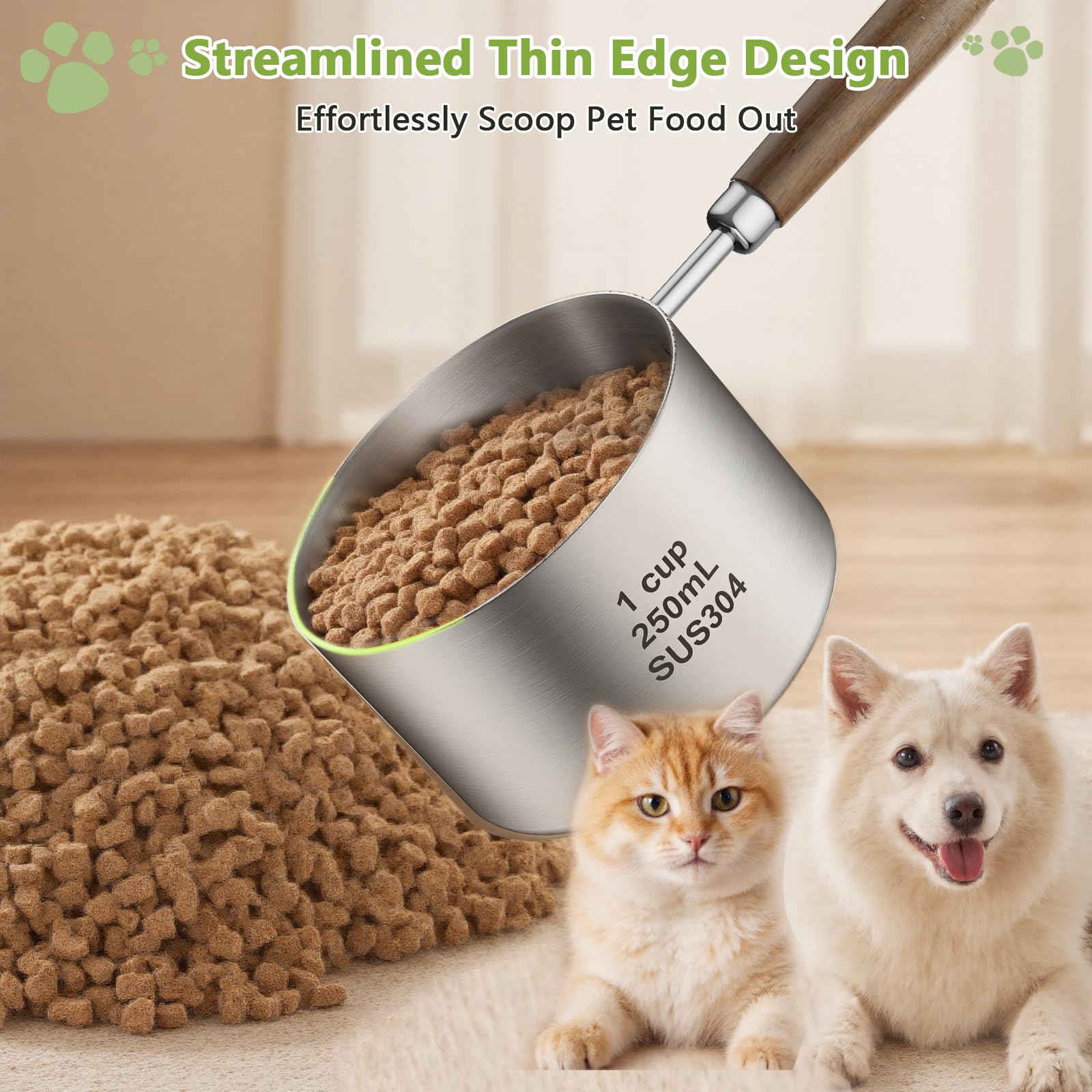 Cuchara de comida para perros y gatos, 1 taza, taza medidora de acero inoxidable 304 con mango largo de madera, cuchara duradera para perros, gatos, conejos, fácil de limpiar con marcas de
