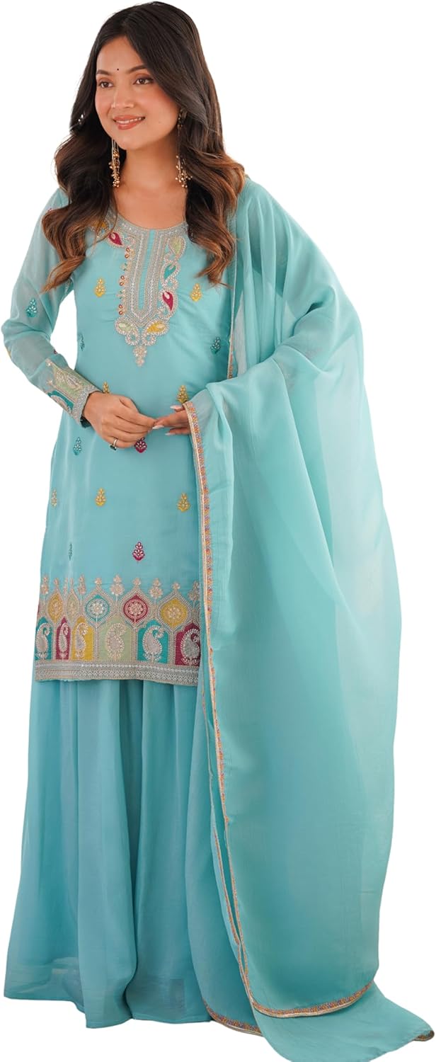Party Wear Ready To Wear Indian Pakistani Sharara Floral Embroidered Georgette Suit for Women