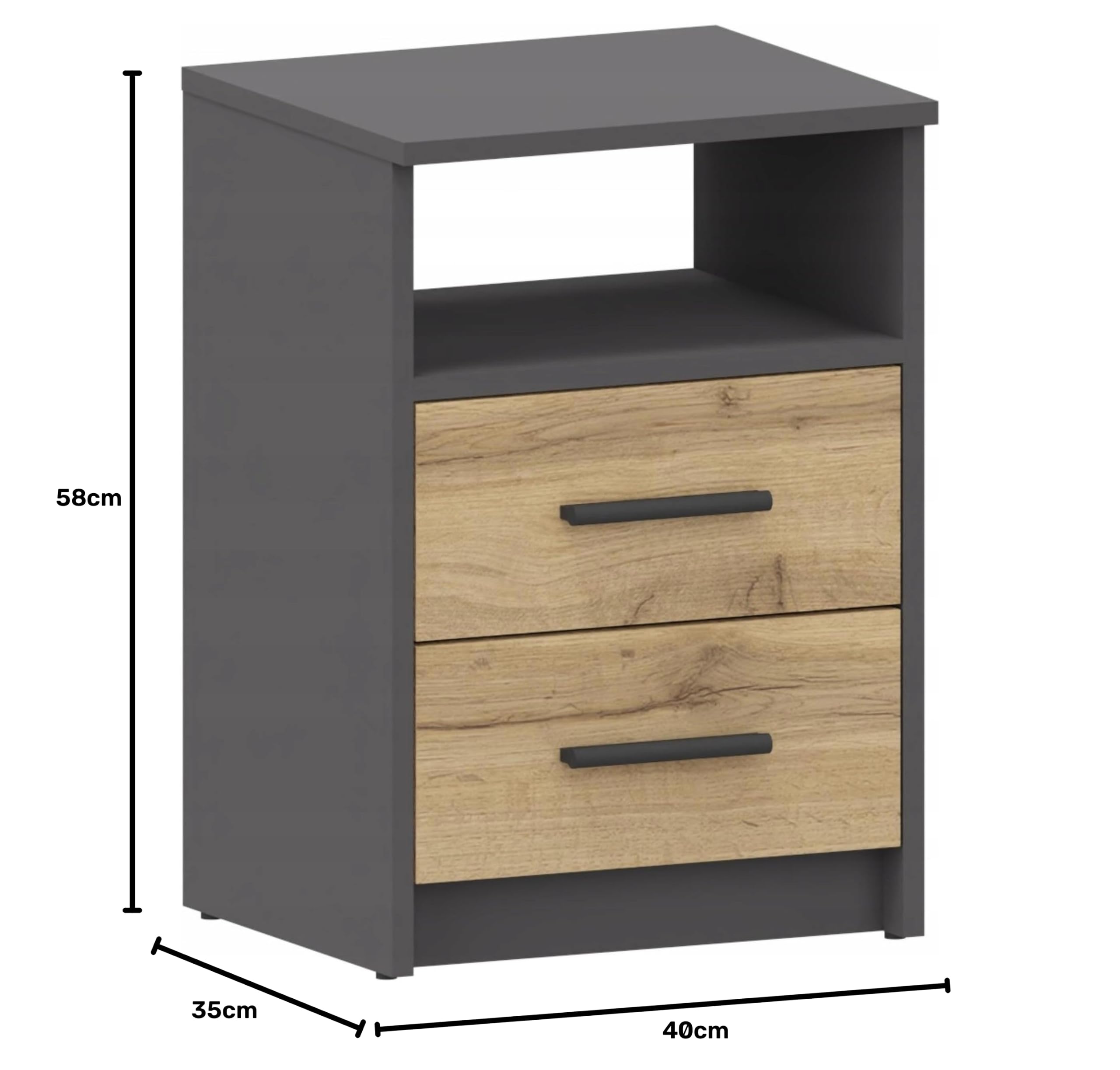 MATKAM Table de Chevet au Look Classique - H x l x P : 58,5 x 40 x 35 cm - avec Deux tiroirs et Un Compartiment de Rangement Ouvert - Disponible en différentes Versions (Anthracite Gris Wotan Chêne)