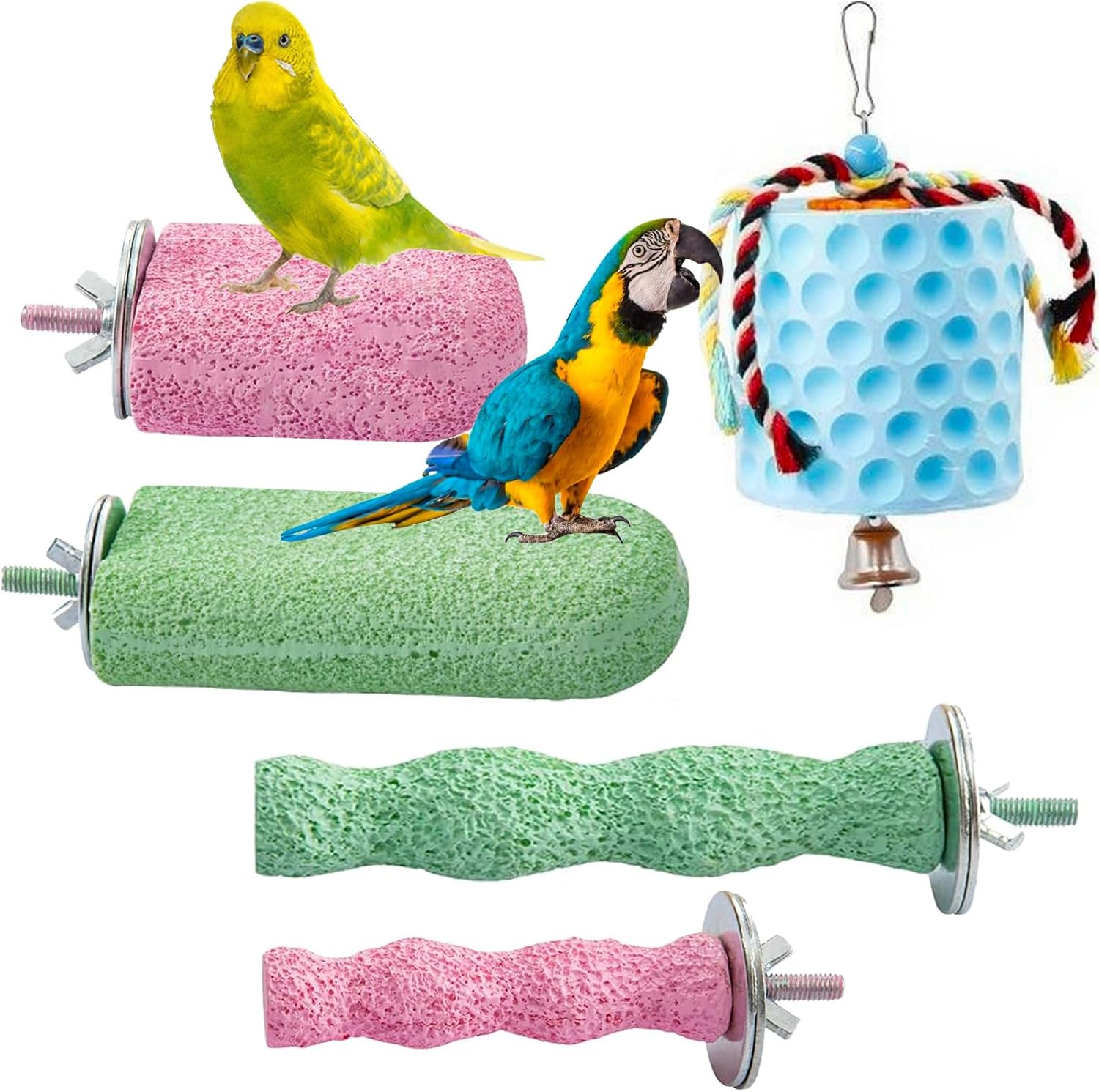 5 Pcs Bird Beak Grinding Calcium Stone, Parrot Cage Perch Stand Platform, Parrot Teething Stone Toy & Foot Claws Trimmer, Bird Chewing Toy for Macaws Parakeets Finches Cockatiel Hamster Rabbit Poultry