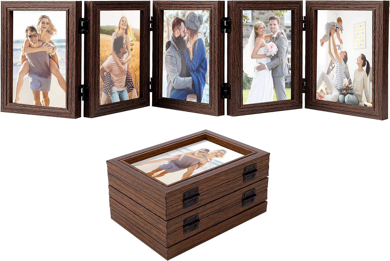 Biggun 4x6in 5 Folding Accordion Picture Frame - Foldable Hinged Collage Photo Frames for Tabletop Display Multiple Family Pictures Birthday Father's Day Gifts (Brown)