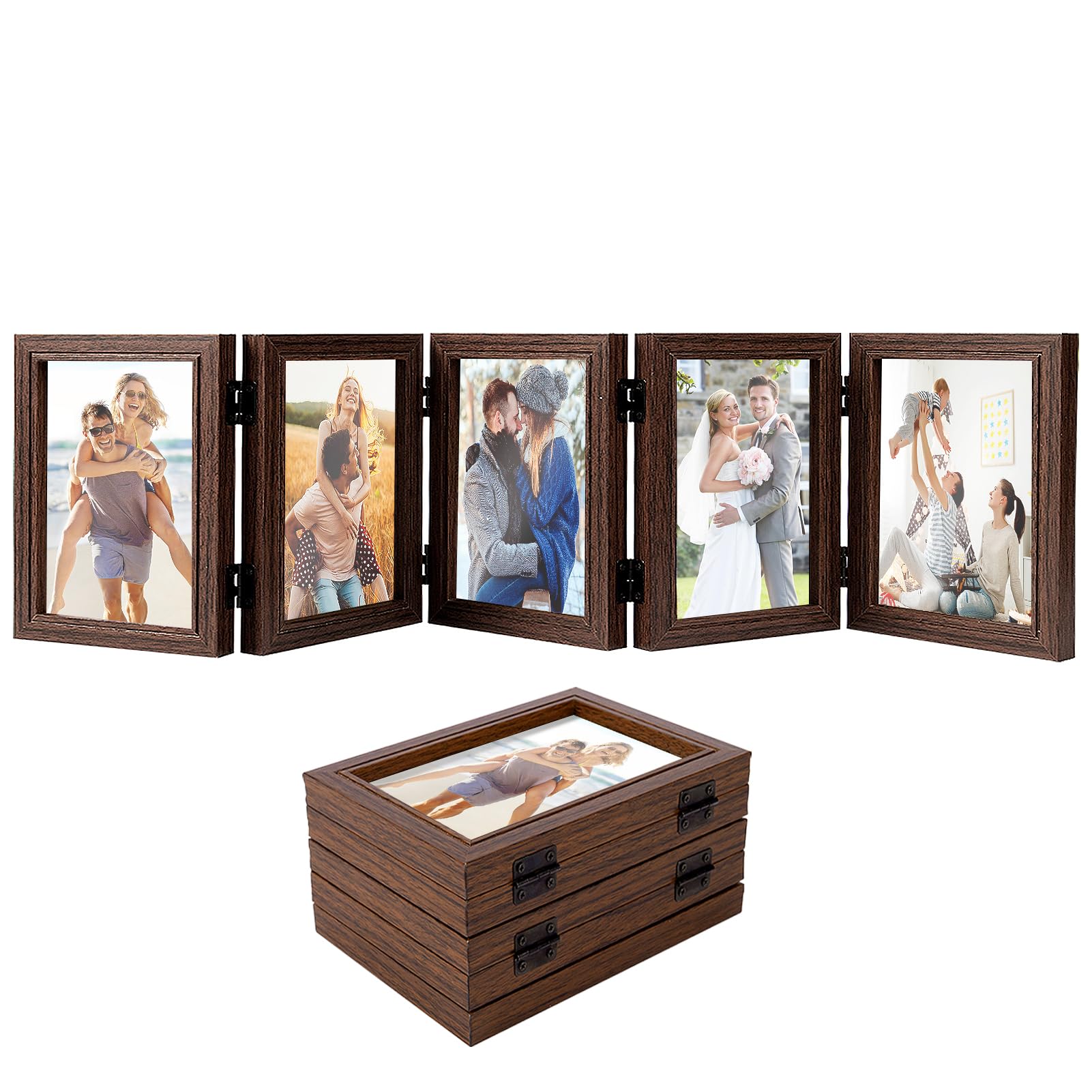 Biggun 4x6in 5 Folding Accordion Picture Frame - Foldable Hinged Collage Photo Frames for Tabletop Display Multiple Family Pictures Birthday Father's Day Gifts (Brown)