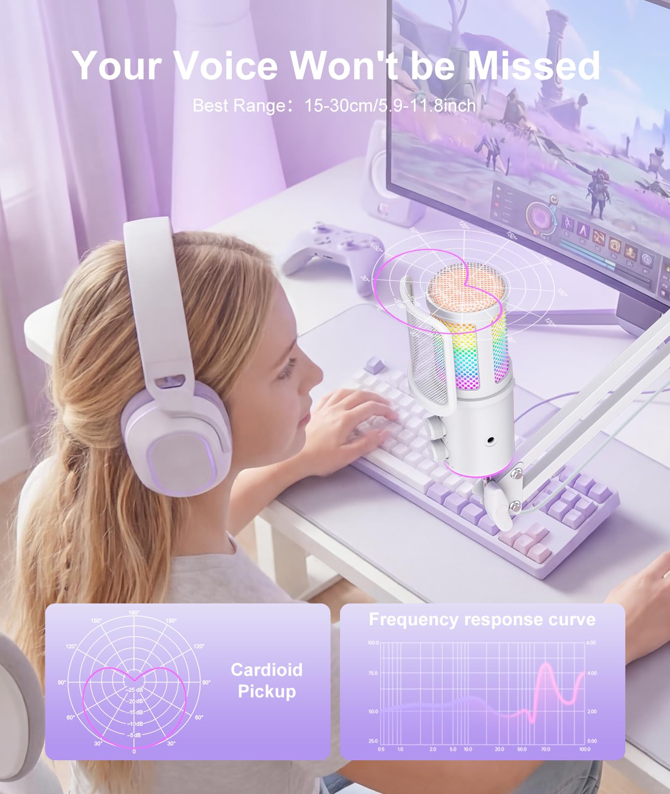 Microfono USB da gioco, microfono a condensatore con cancellazione del rumore, con silenziatore, regolazione del riverbero del braccio del braccio, monitoraggio per streaming, podcasting, discord