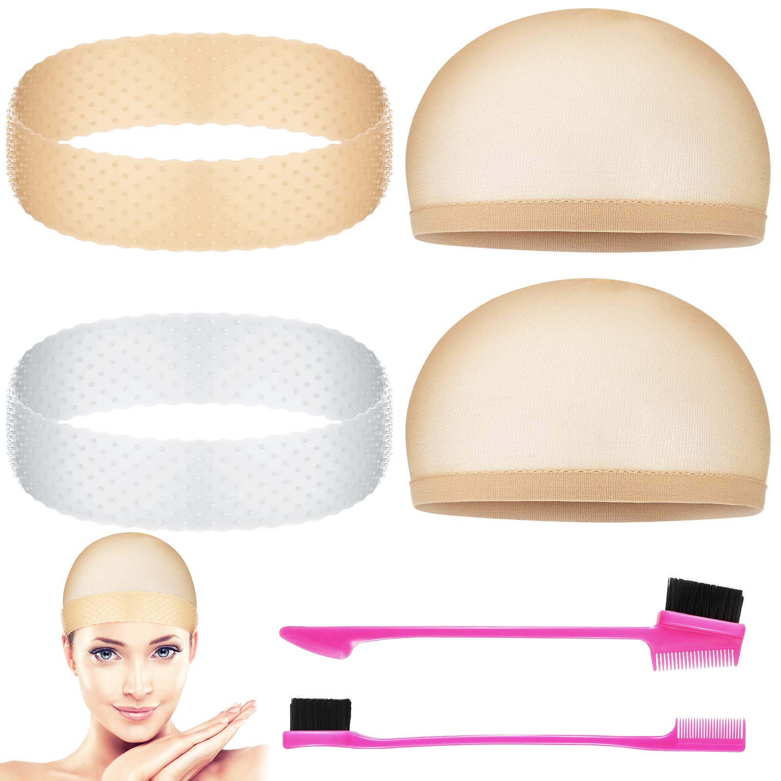 2 Pieces Silicone Wig Headband Transparent Silicone Wig Hair Bands Non-Slip Silicone Headband with Wig Net Cap and Edge Brush for Women Unisex (Light Brown, White)