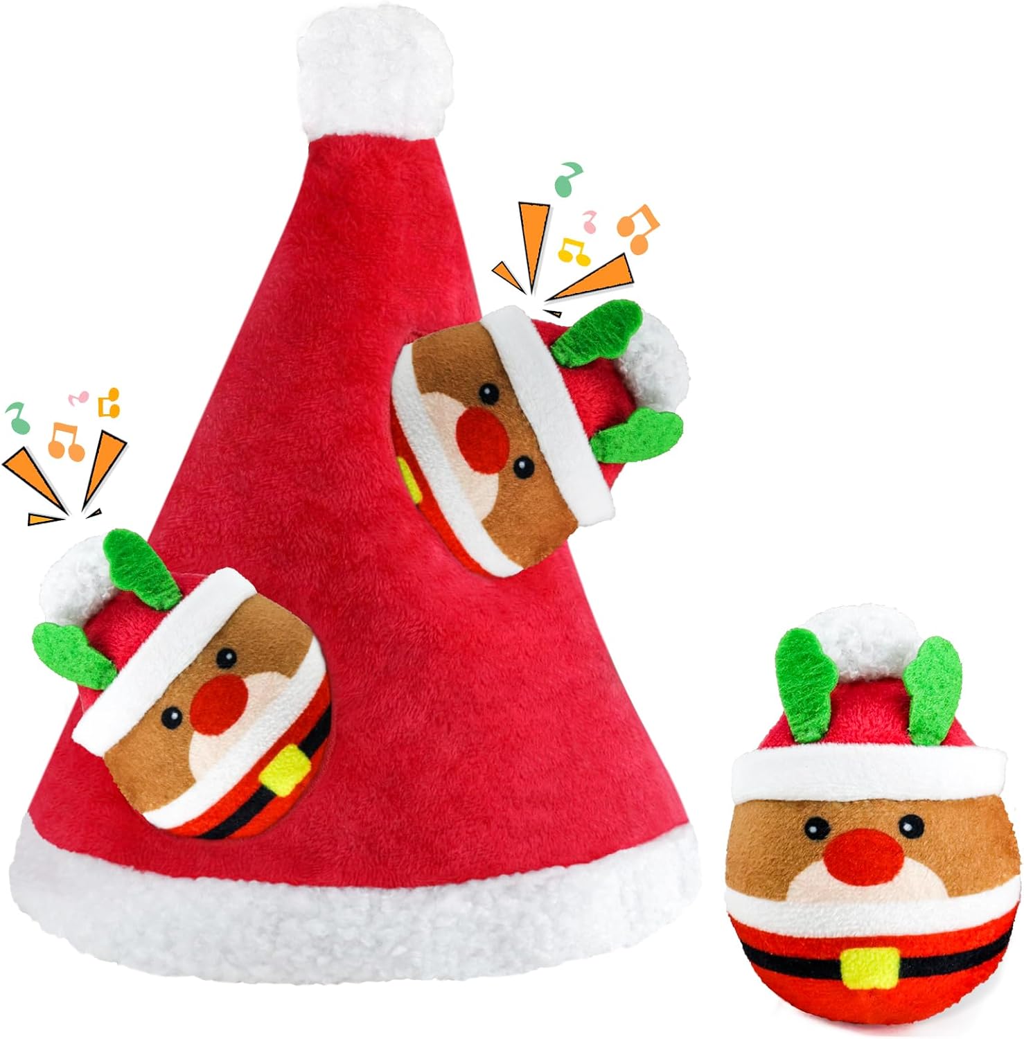 Christmas Squeaky Dog Toys – 4 Pack Hide and Seek Dog Toys – Plush Dog Toys – Christmas Hat, Christmas Elk Interactive Dog Toys for Puppy, Small, Medium Dogs