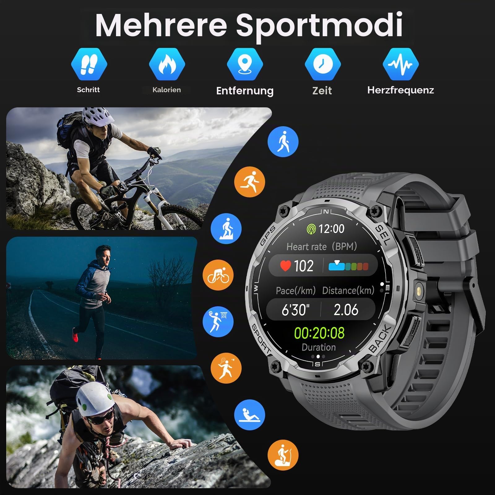 Militär Smartwatch Herren mit GPS, 1,43" AMOLED HD Fitnessuhr mit Bluetooth Anrufe, LED Taschenlampe, Kompass, 100+ Sportmodi, 3ATM Wasserdicht, Herzfrequenz, Smart Watch für iPhone Android
