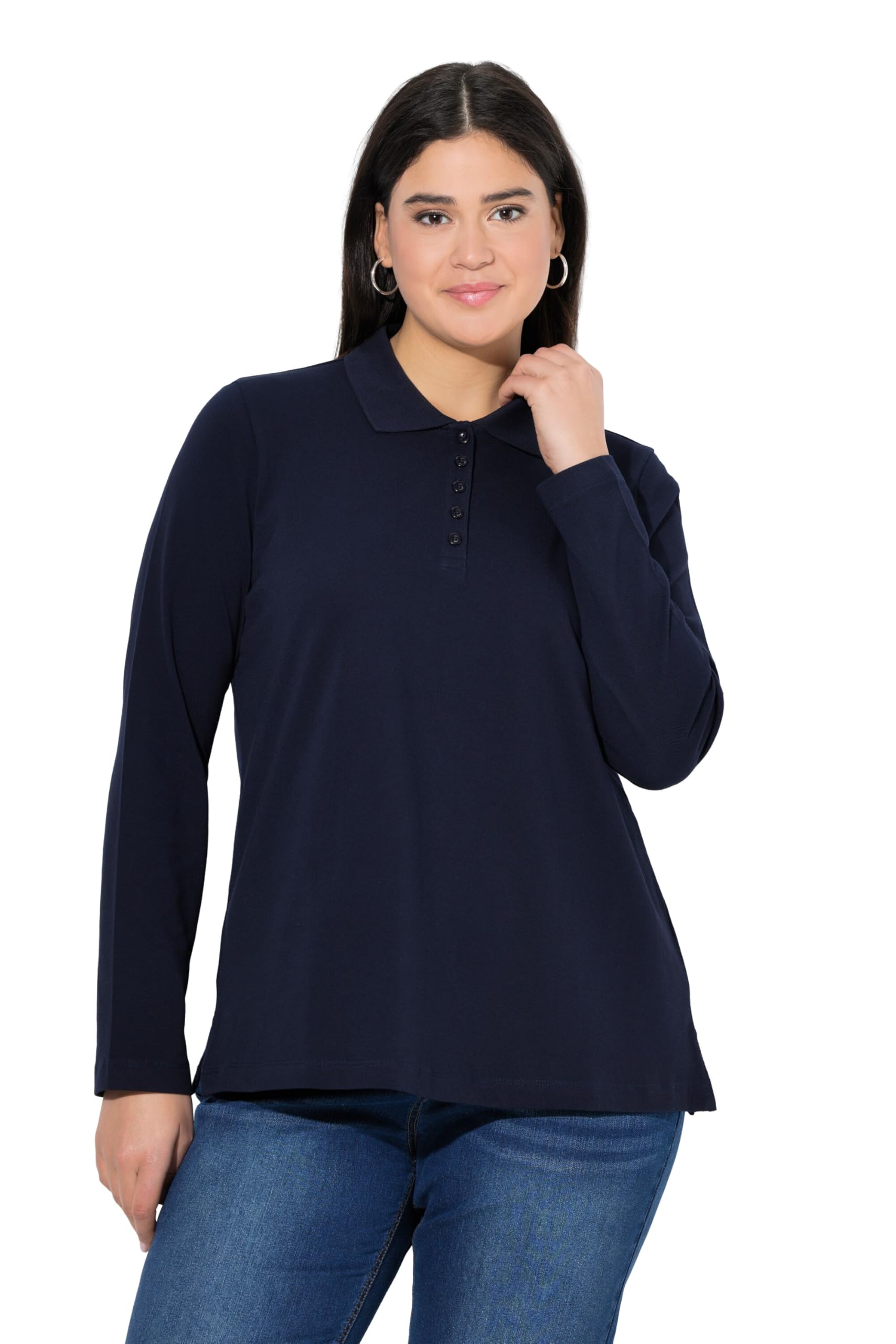 Ulla Popken Damen große Größen Übergrößen Plus Size Poloshirt, Knopfleiste, Polokragen, Langarm 844088