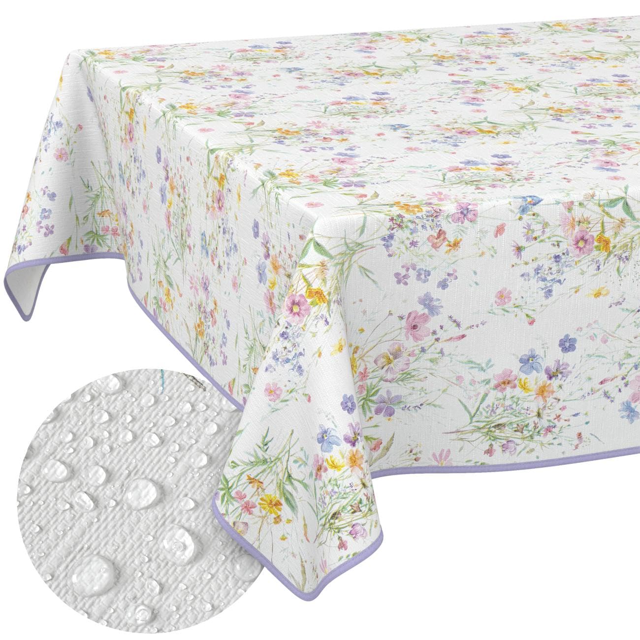 Oilcloth Tablecloth, Washable, Wax Tablecloth, Easy Care, Water-Repellent, Lotus Effect, Outdoor Oilcloth, Spring Garden Tablecloth, Flowers, 240 x 140 cm with Hem (Edged)