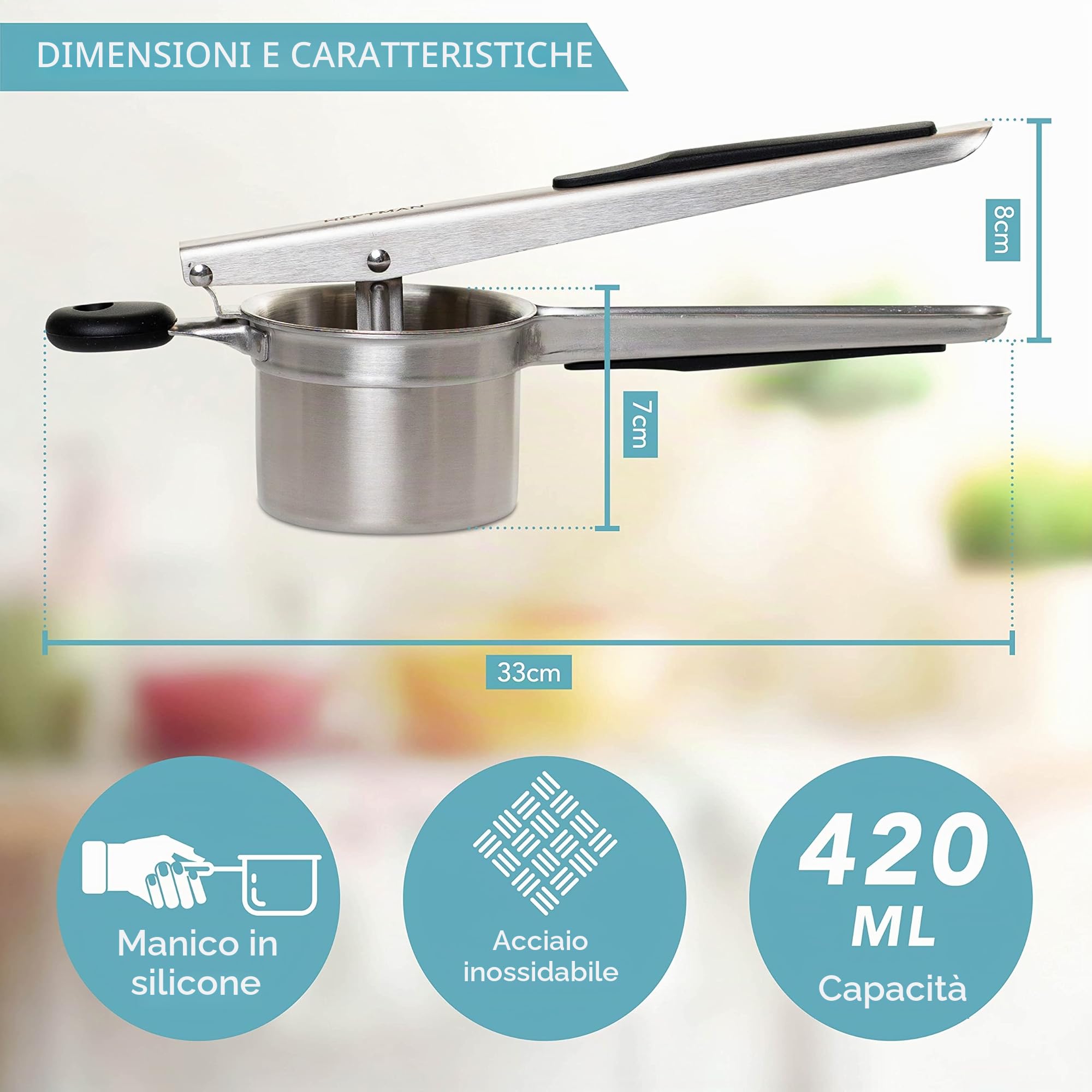 HEFTMAN Schiacciapatate - Schiacciapatate Acciaio Inox con Manici Ergonomici in Silicone, Schiaccia Verdure Manuale, Sciacciapatate per Alimenti per Bambini Frutta Verdura (Lavabile in Lavastoviglie)