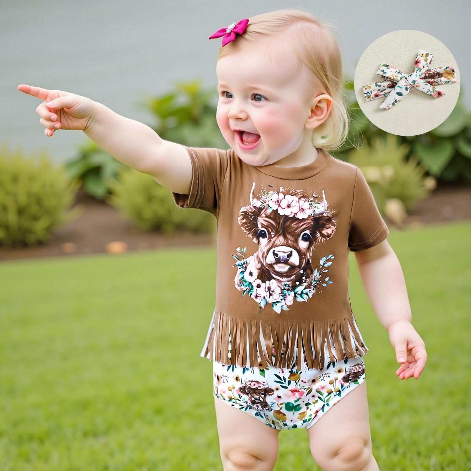 KtwHarnu Infant Baby Girl Western Outfit Cow/Boot Short Sleeve Tassel T-Shirt Shorts Headband 3Pcs Set Summer Cowgirl Outfit (Khaki, 12-18 Months)