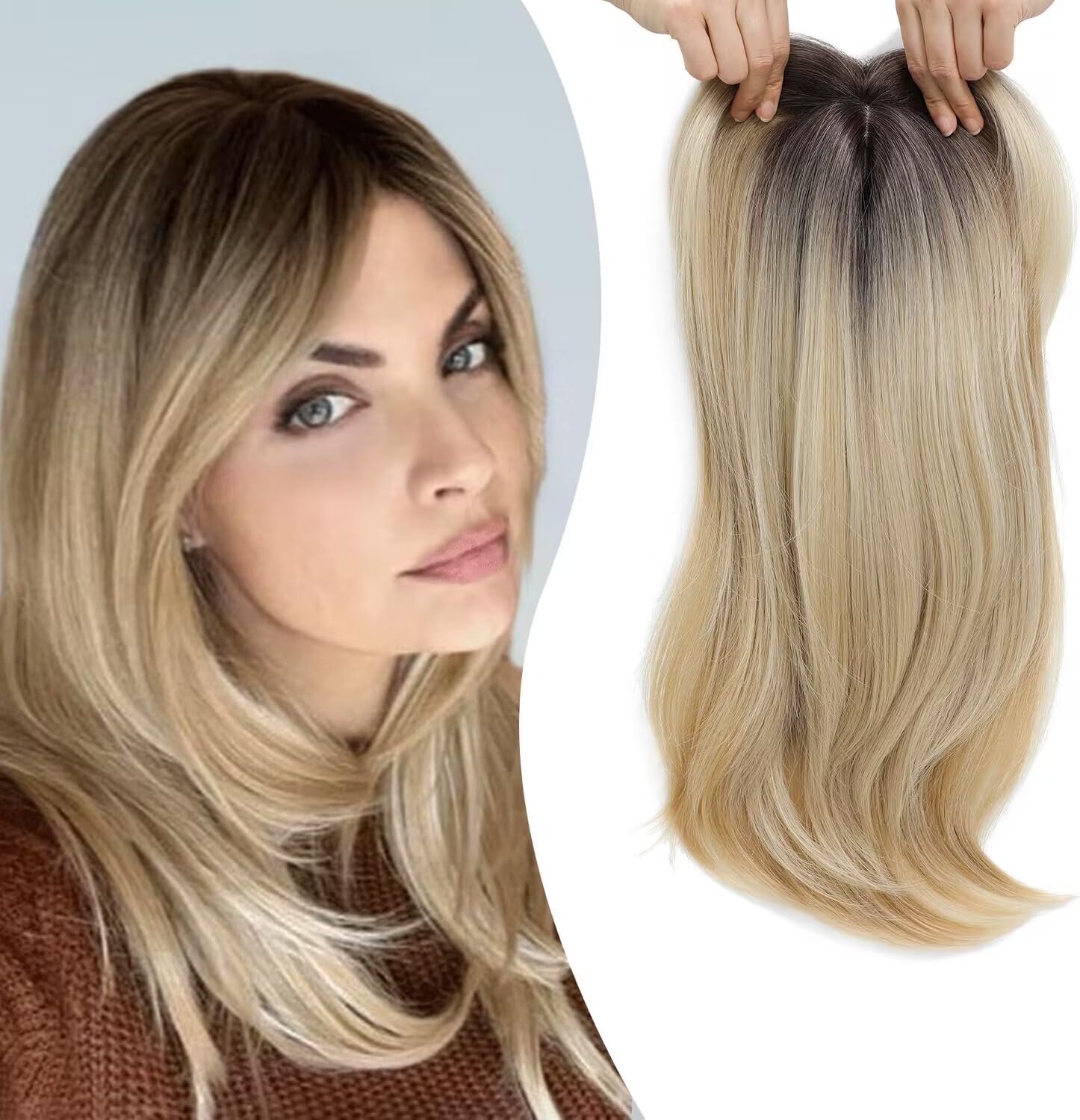 Ms Taj Hair Toppers for Thinning Hair 18inch,Ombre blonde with dark root Long Layered Hair Toppers for Women Synthetic Add Volume, Natural Straight Clip in Hair Pieces for Women