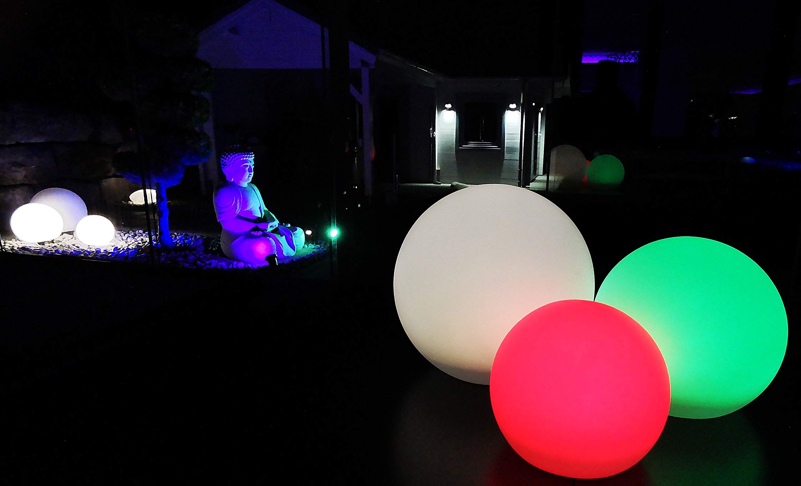 Trango 3er Set SO-00122 IP44 LED-Solarleuchte in 20-25-25cm Durchmesser Weiß matt mit 3000K warmweiß LED & RGB Farbwechsel LED *SNOWY* Solarkugel Leuchtkugel, Außenleuchte, Kugellampe, Gartenleuchte