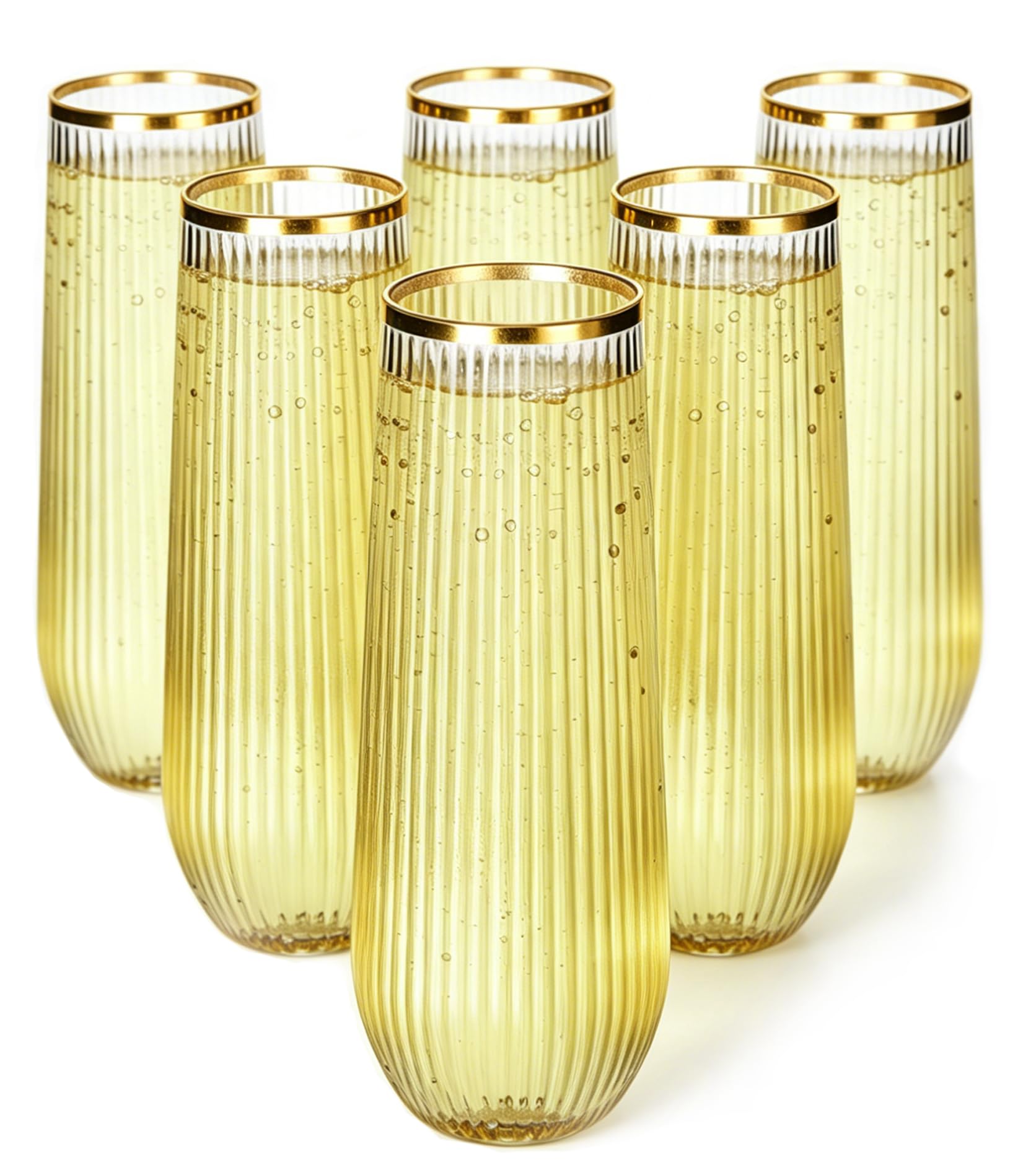 Photo 1 of JoyGletss 48 Pack Ribbed Plastic Champagne Flutes Stemless With Gold Rim, Unbreakable Champagne Glasses 9 Oz, Shatterproof Recyclable Glasses Ideal for Parties Wedding Toasting