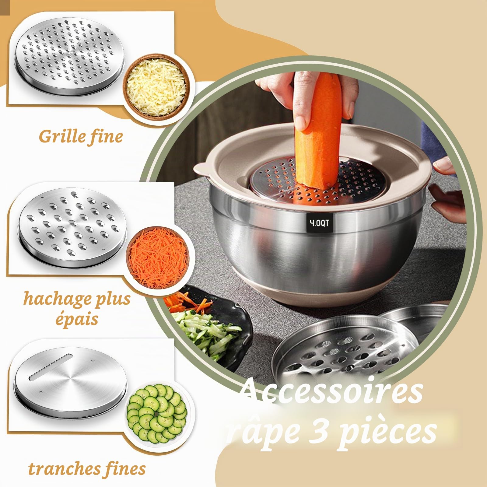 Terlulu Lot de 6 saladiers en acier inoxydable avec couvercle hermétique et fond en silicone, 3 embouts râpes, pour pâtisserie/servir, 6,6 l, 3,8 l, 2,4 l, 1,9 l, 1,4 l, 0,6 l, kaki