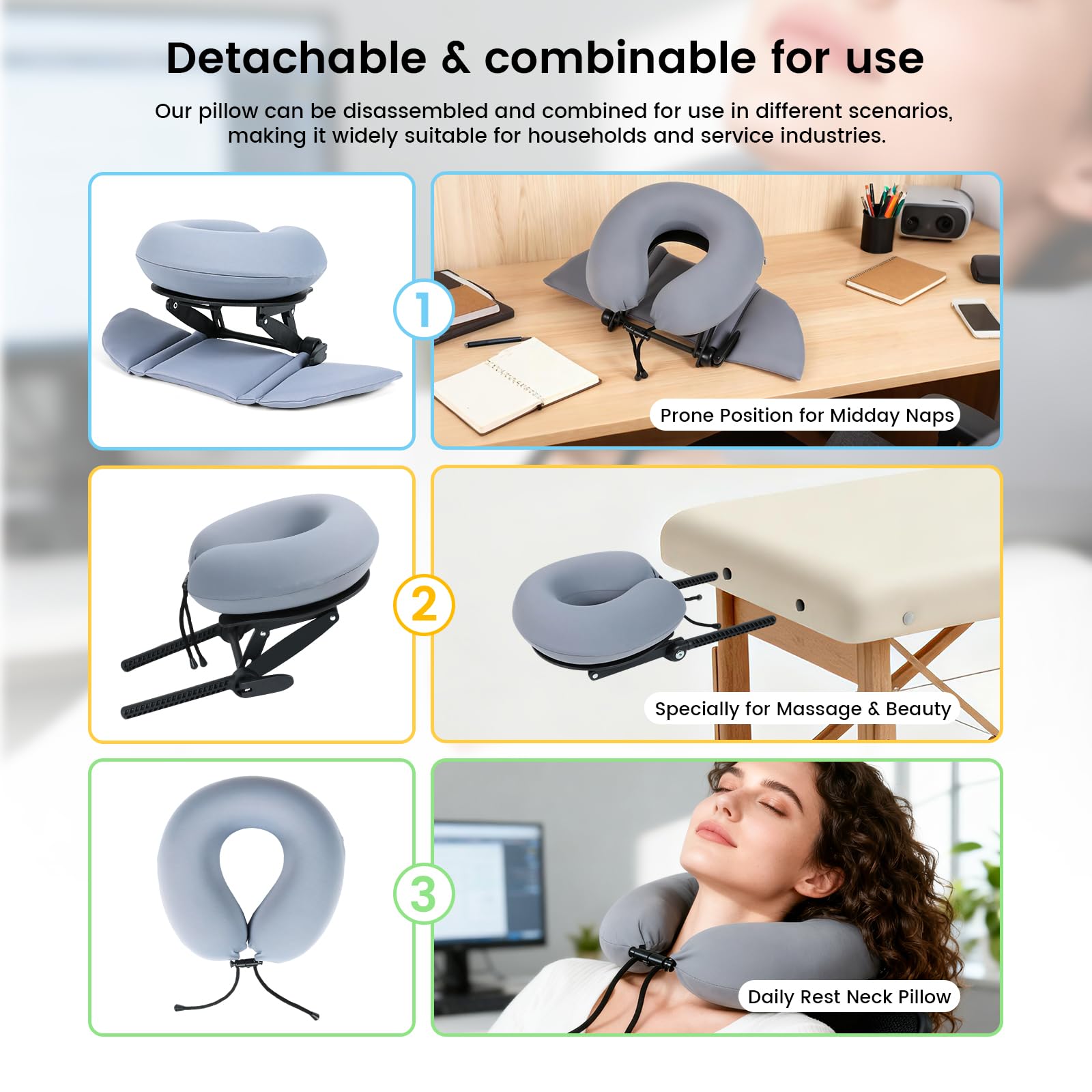 Almohada de espuma viscoelástica de apoyo inteligente, almohada de masaje ajustable, almohada ergonómica multiusos para siestas de oficina, viajes, reposacabezas reclinable, portátil (almohada azul