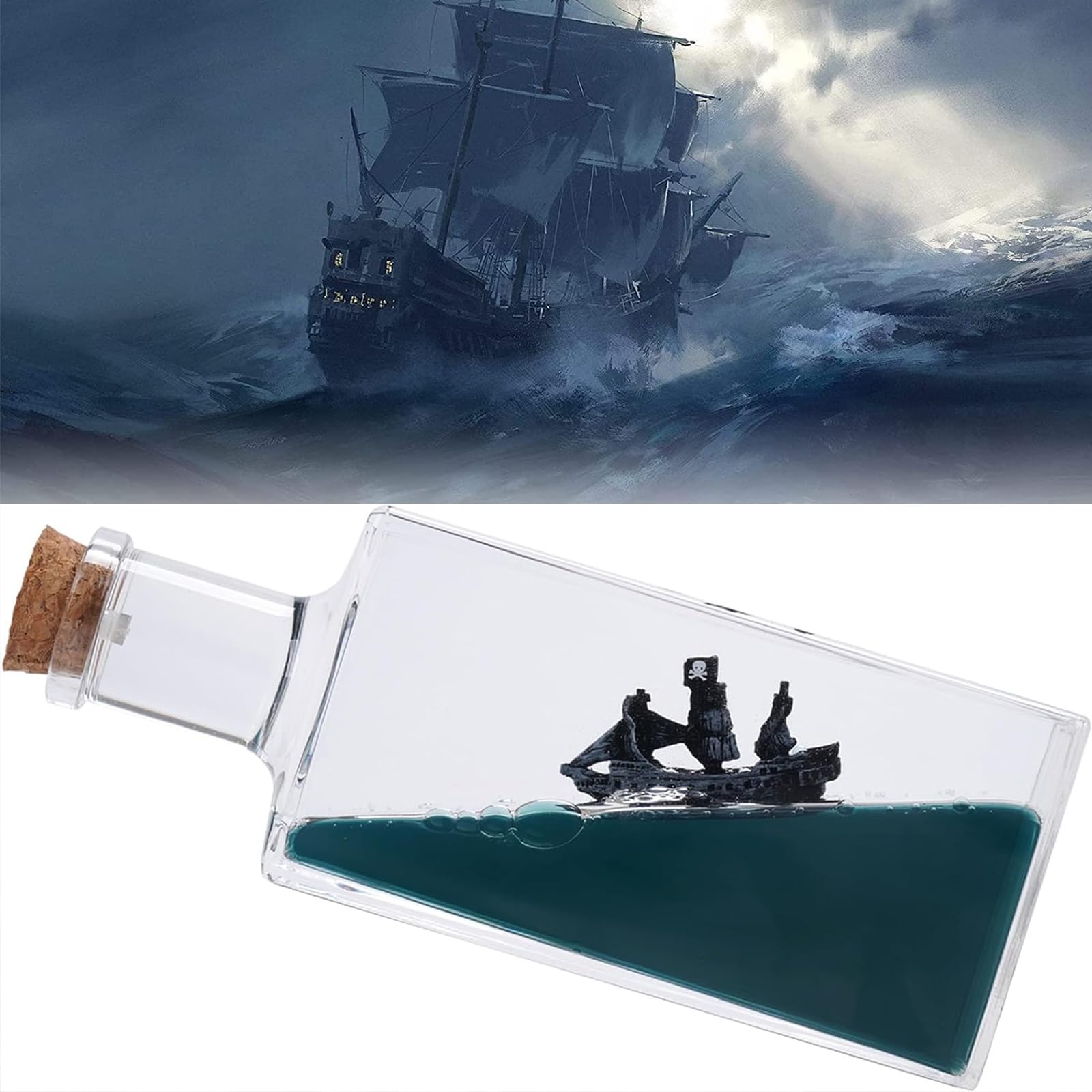 Unsinkable Black Pearl Pirate Ship in a Bottle Box, Boat Model Fluid Liquid Drift Bottle Visual Decorations Ornament Paperweight Desk Decor Gifts