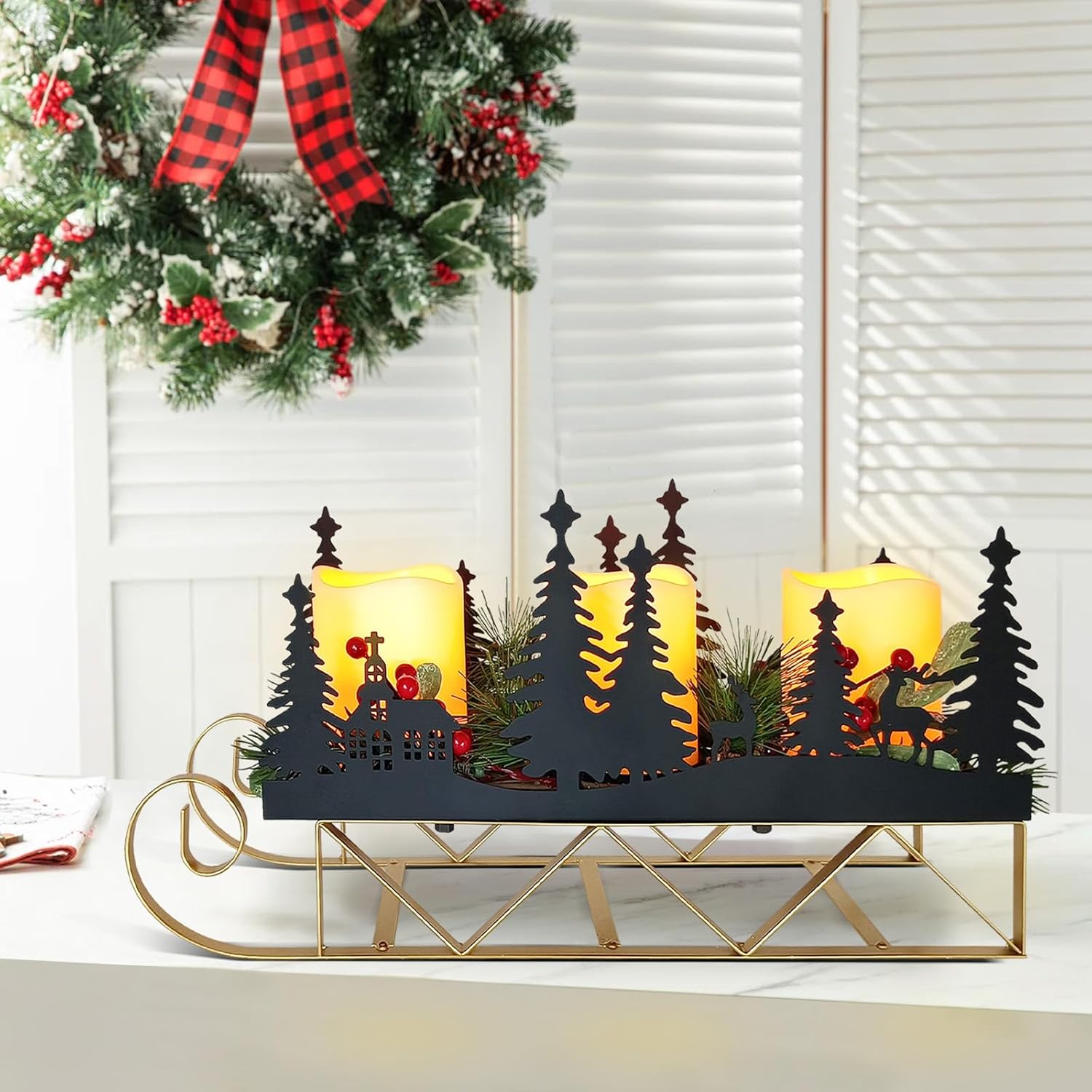 Christmas Sleigh Table Centerpieces Decorations, Xmas Black Cut-Out Tree Sleigh LED Candle Candelabrum with Timer Holiday Candle Holder for Home Party Table Mantel Decoration