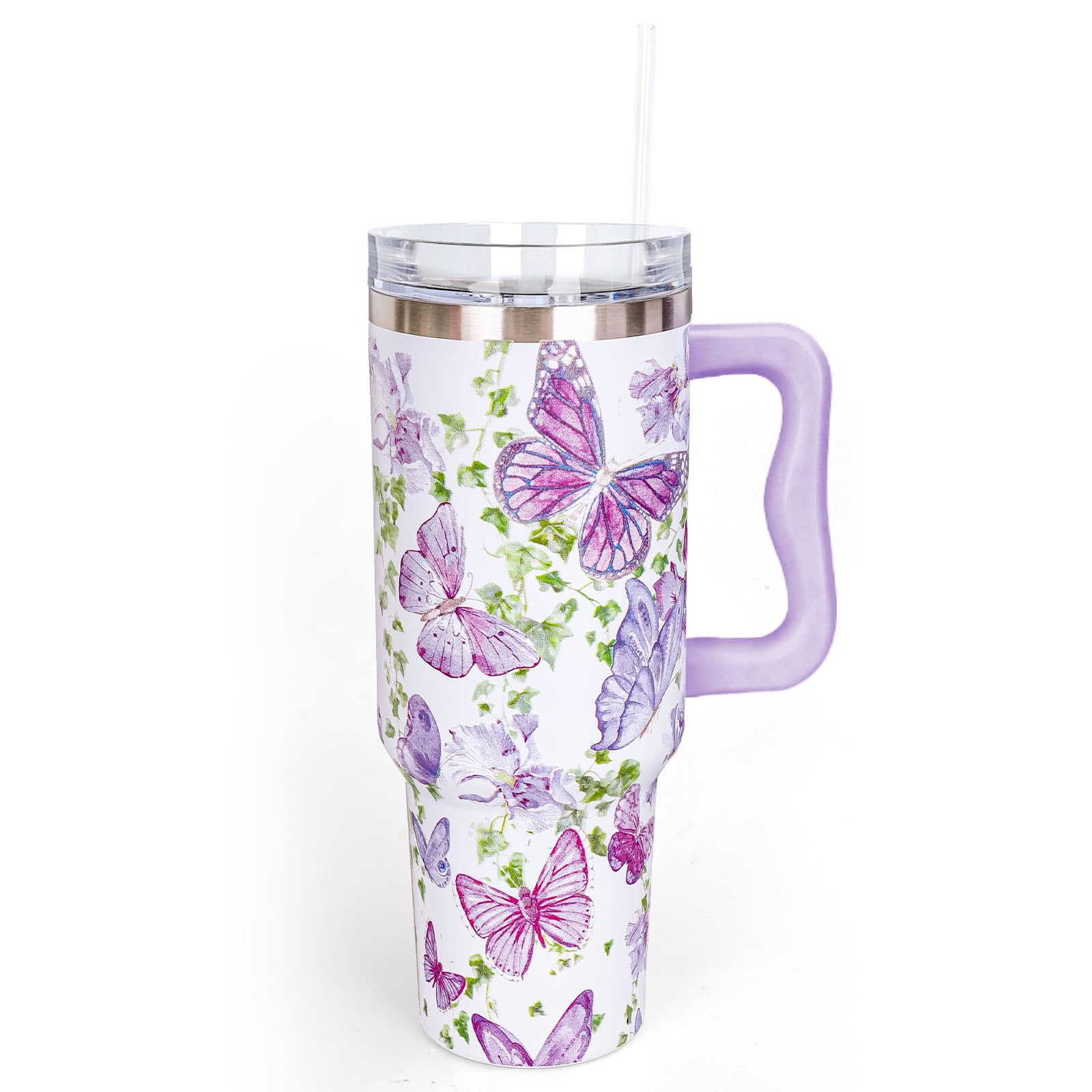 40oz Purple Butterfly Tumbler with Handle Straw and Lid Green Leaves Flower Butterfly Travel Tumbler Coffee Cup Gift for Women Friend Holiday Birthday Party Favors