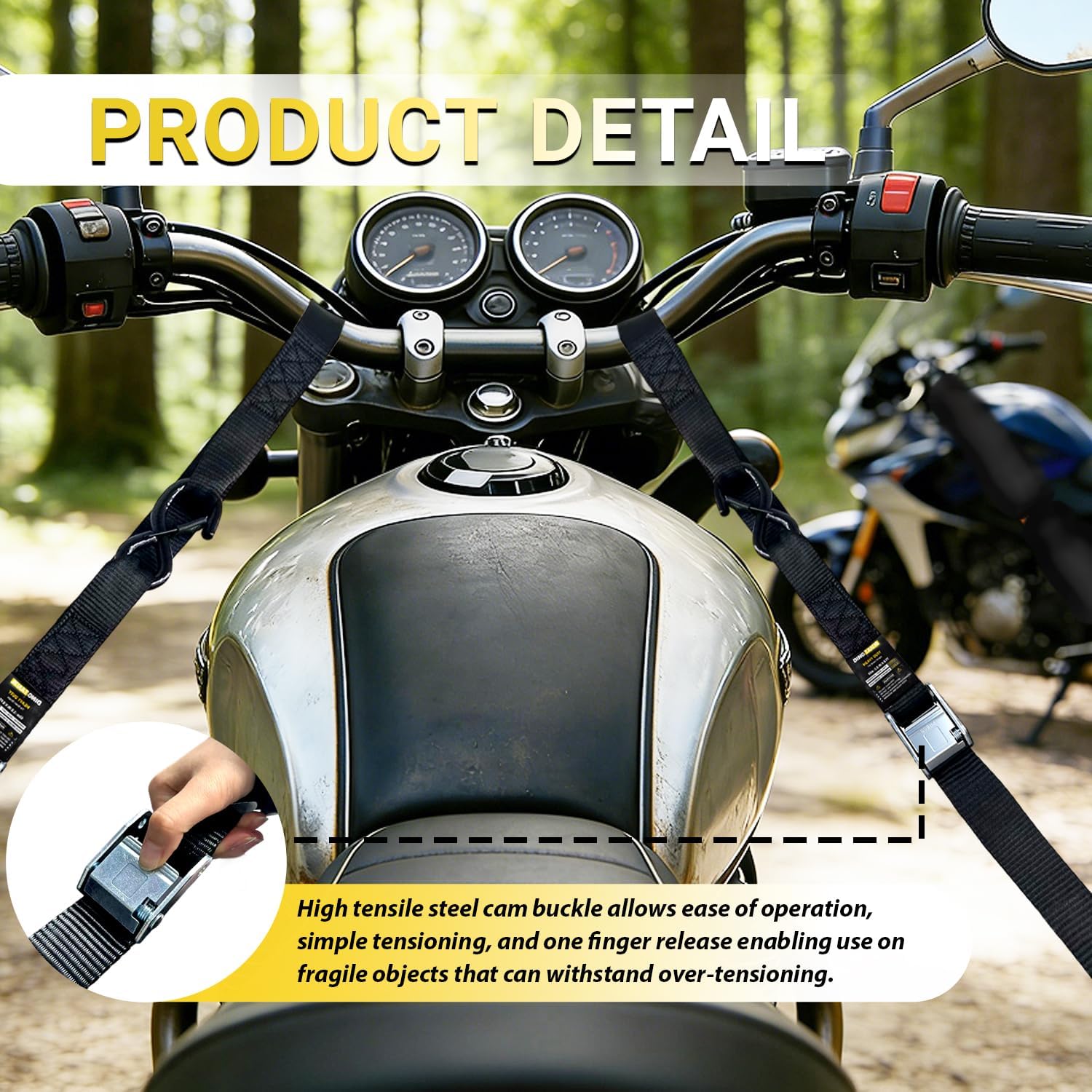 Motorcycle Tie Down Straps - 3,000lb Break Strength, 1.5 in X 8FT Heavy-Duty Cambuckle Tie Down Set with S Hook and Soft Loops - Better Than a Ratchet Strap Black