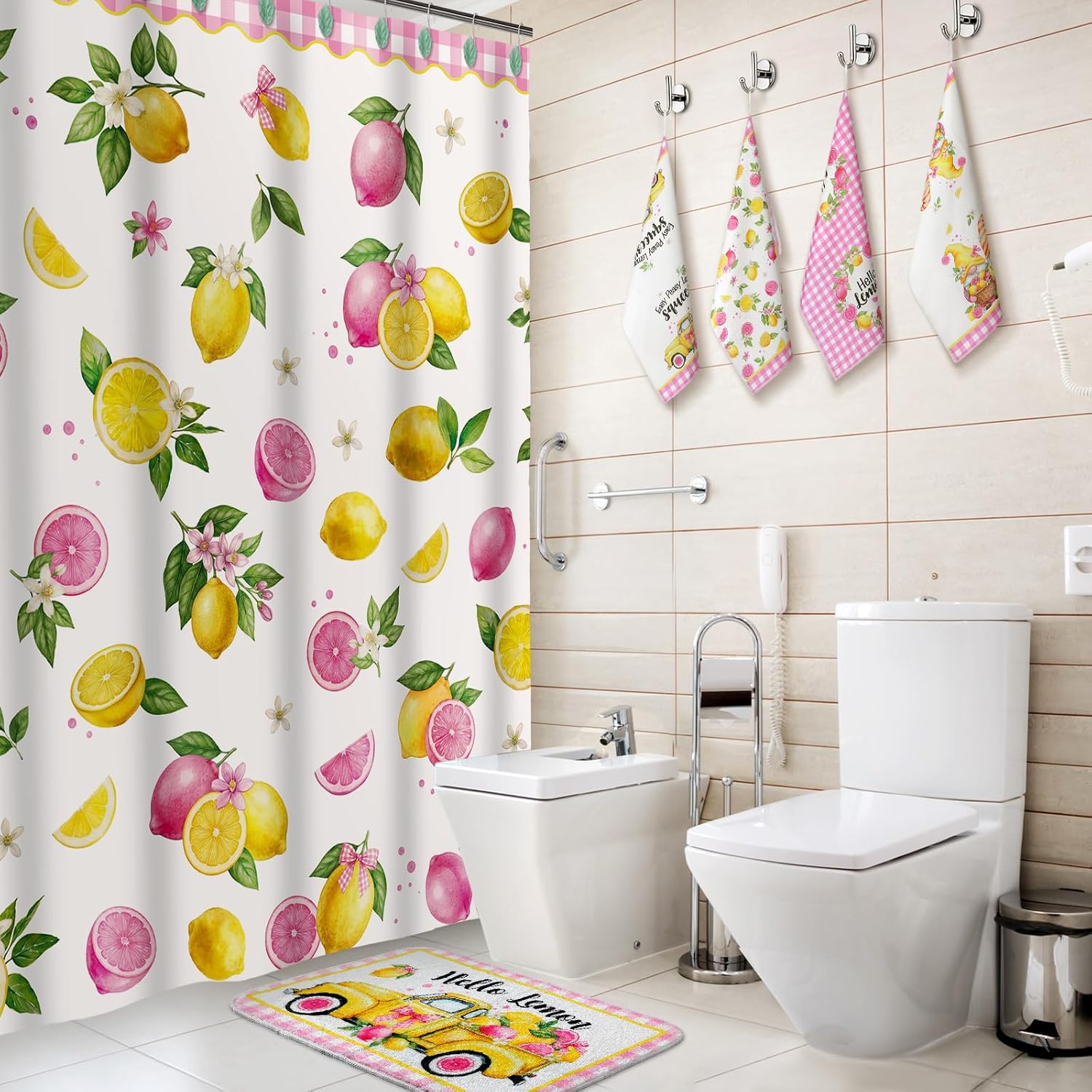 Fourluoo 18 Pcs Lemon Shower Curtain Set Citrus Fruits Bathroom Decor with 12 Decorative Shower Curtain Hooks Bathroom Towels Non Slip Absorbent Microfiber Rug Waterproof for Summer Gift image 2