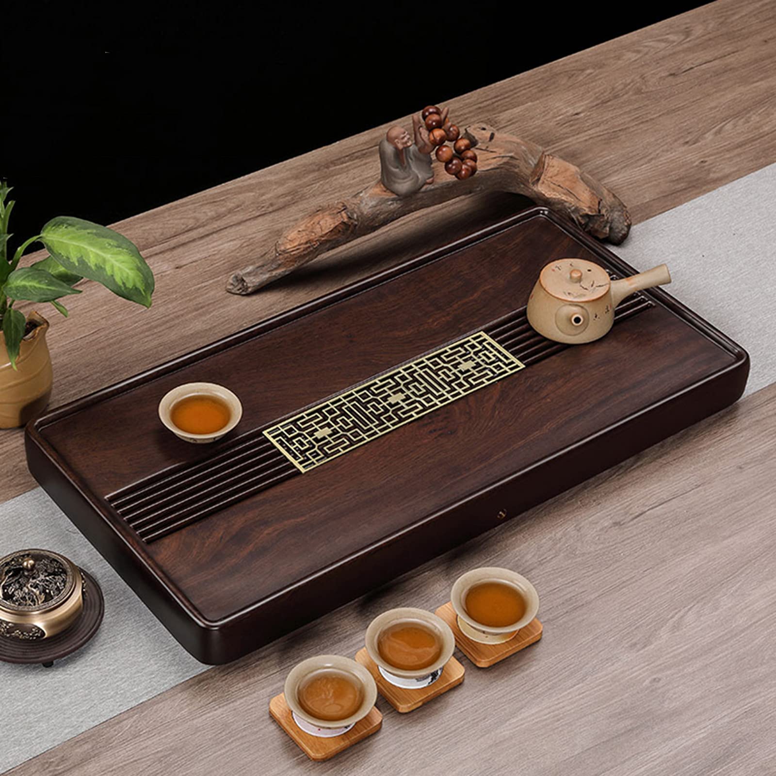 Reservoir Type Tea Tray, Chinese Gongfu Tea Tray with Water Storage, Oolong Tea Tray Cup Platter with Drain Hole, for Living Room, Tea Room, Office (60 * 30 * 4.5cm)