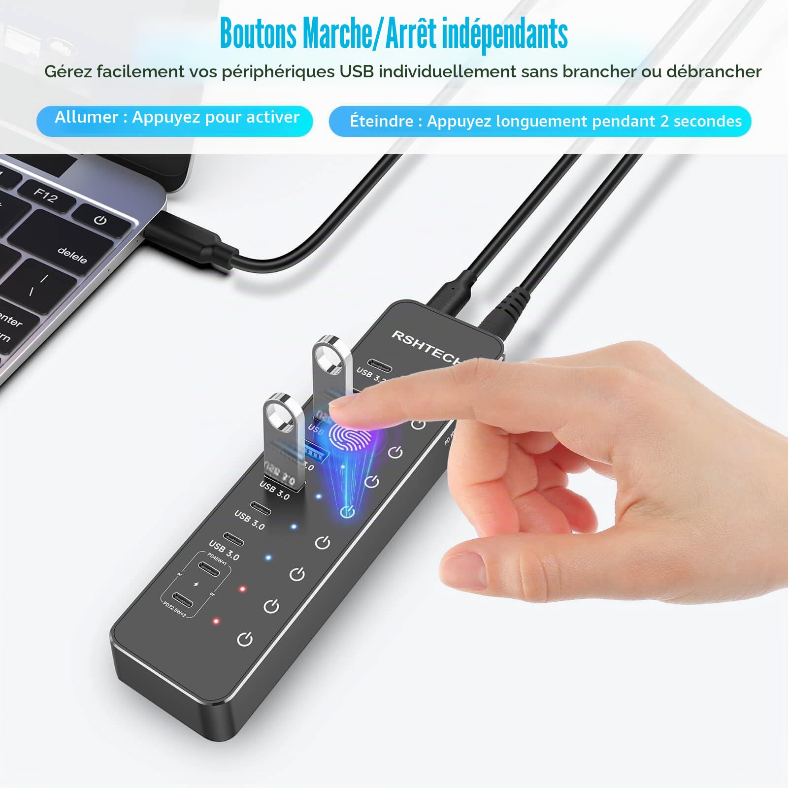 RSHTECH 10 Ports Hub USB Alimenté, Alimentation 66W Hub USB C, RSH-ST10P | Incluant 3 Ports USB 3.2 à 10Gbps(2C+1A), 4 Ports USB 3.0 à 5Gbps (2C+2A), 2 Ports USB-C à 45W Charge Rapide, PD 100W