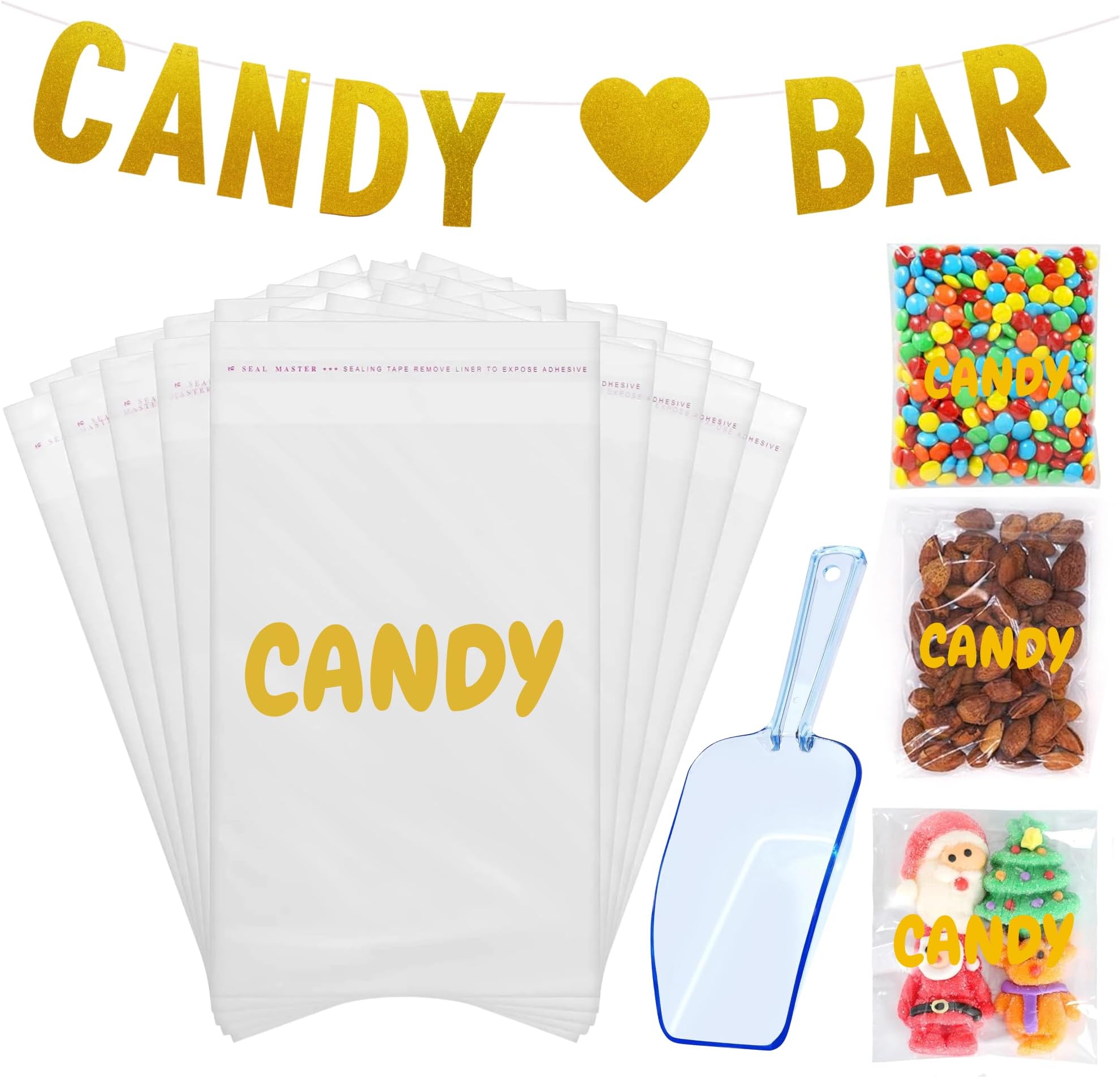 3-in-1 Candy Table Display Sets Bundle– 100pcs. Gold Party Favor Bags, Candy Scoops & Bar Banner – Halloween treat bags, Halloween goodie bags, cellophane treat bags, candy bags for party favors