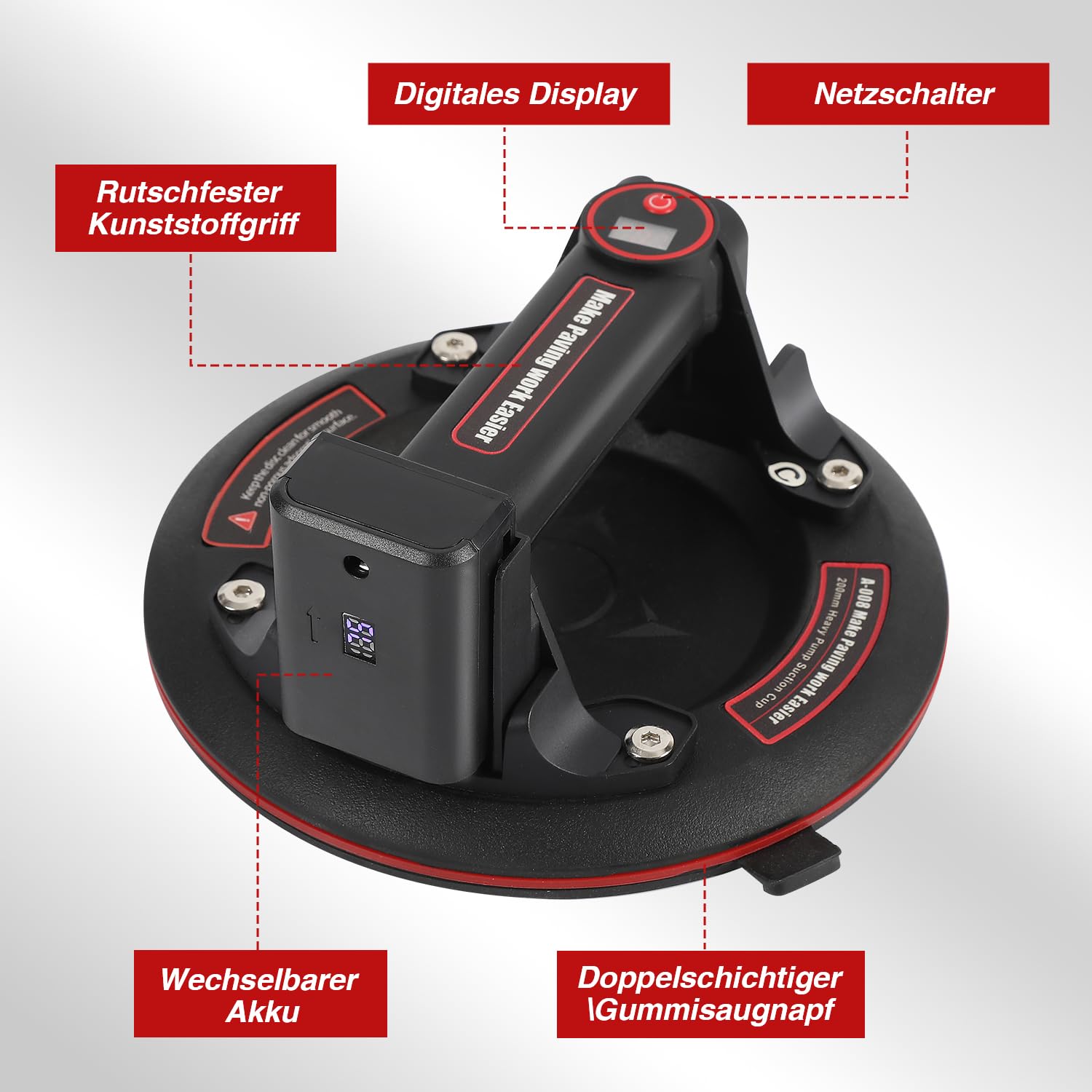 Sollevatore vuoto elettrico da 8 pollici con display digitale – 200 kg di capacità di carico 2 batterie, ricarica automatica, per vetro, piastrelle, piastre, mobili, valigetta inclusa
