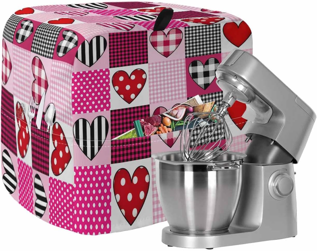 Stand Mixer Cover with Storage Pocket, Valentine's Day Waterproof Kitchen Mixer Covers, Pink Black Checked Love Hearts Romantic Kitchen Appliance Dust Cover Compatible with 5-8 Quart Mixers