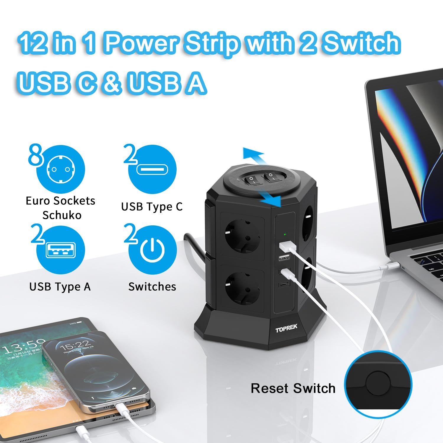 Voomy Toren Cube 20W Stekkerdoos - USB-C Snellader - 10 Stopcontacten