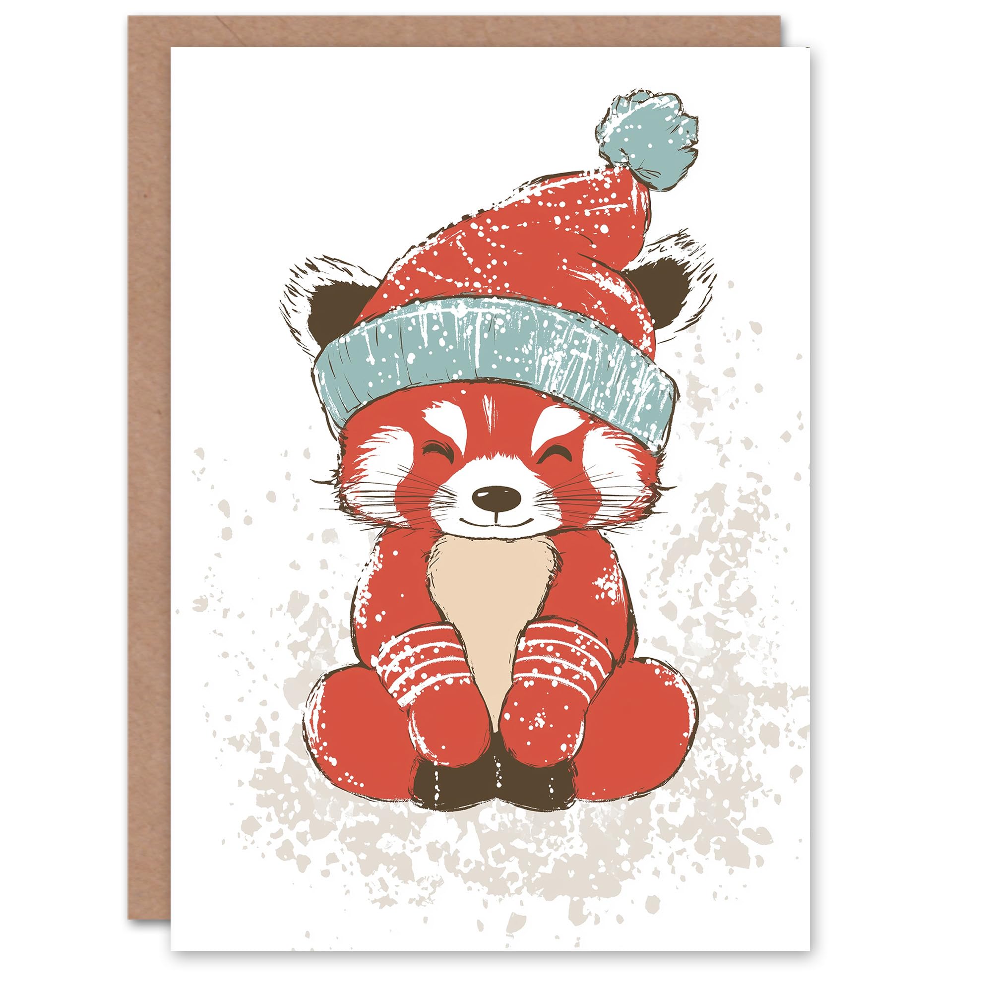 Cute Red Panda With Winter Hat Cartoon Christmas Greeting Card
