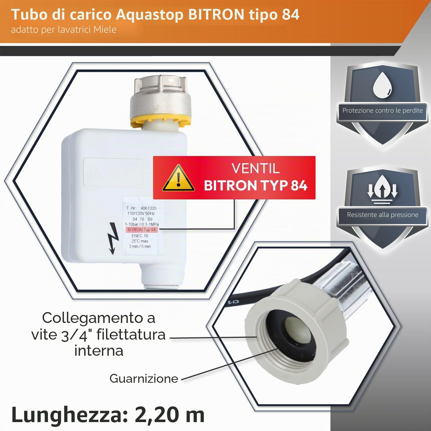 Kenekos - Tubo di Ingresso Aquastop BITRON tipo 84, 2,2m, adatto alla lavatrice Miele, 3/4 di pollice WPS, sicurezza con collegamento elettrico