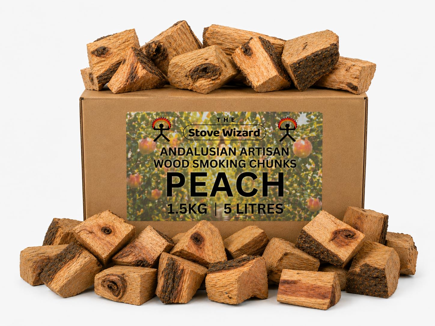 The Stove Wizard Peach Wood BBQ Smoker Smoking Chunks 1.5kg Andalusian Artisan Premium Quality Natural Eco Friendly Wood Chunks for Gas & Charcoal Grill Outdoor Cooking for Authentic BBQ Flavour