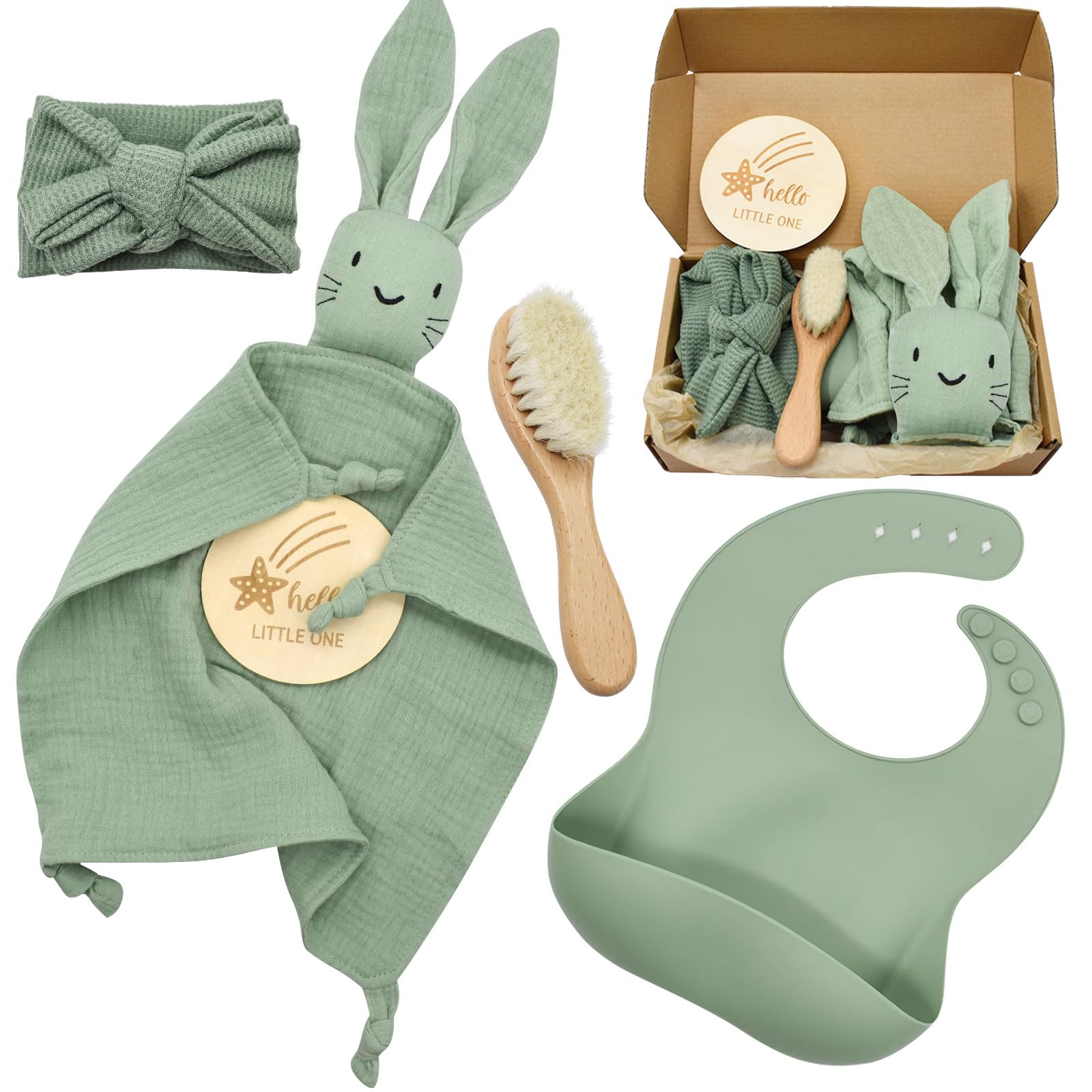 YTACREA Baby Gift Set for Newborn, Baby Blanket Muslin for Girls Boys, with Bib, Headband, Milestone Card, Brush, Green
