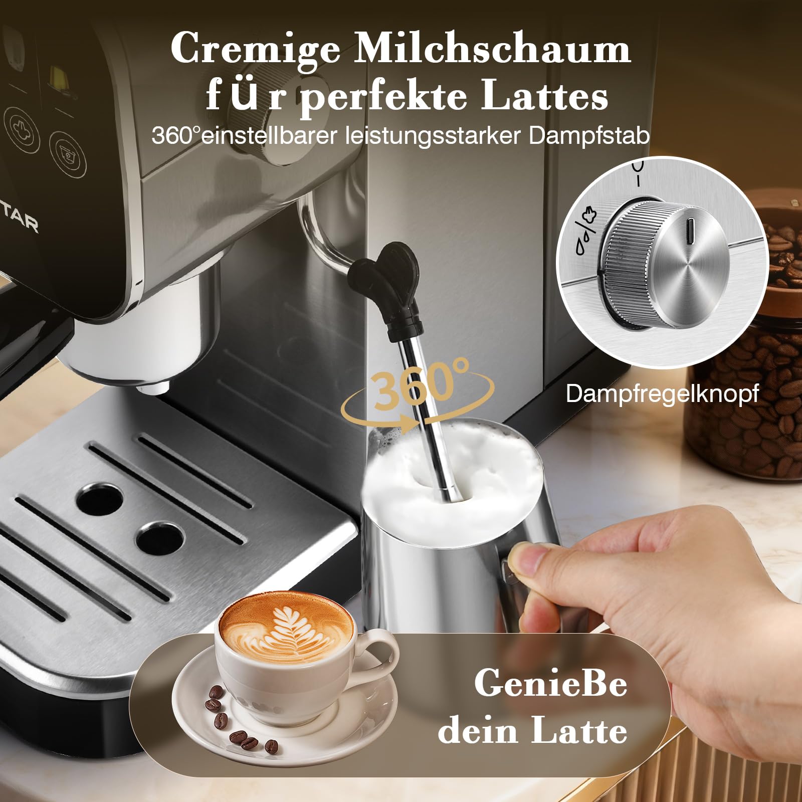 Aigostar Barista Espressomaschine Siebträgermaschine 20 Bar 1350 W Edelstahl Milchaufschäumer
