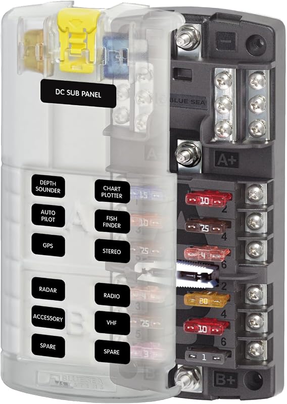 Blue Sea Systems ST Blade Fuse Block Dual 12 Circuit with Ground and Cover, 100 Amps, 5032