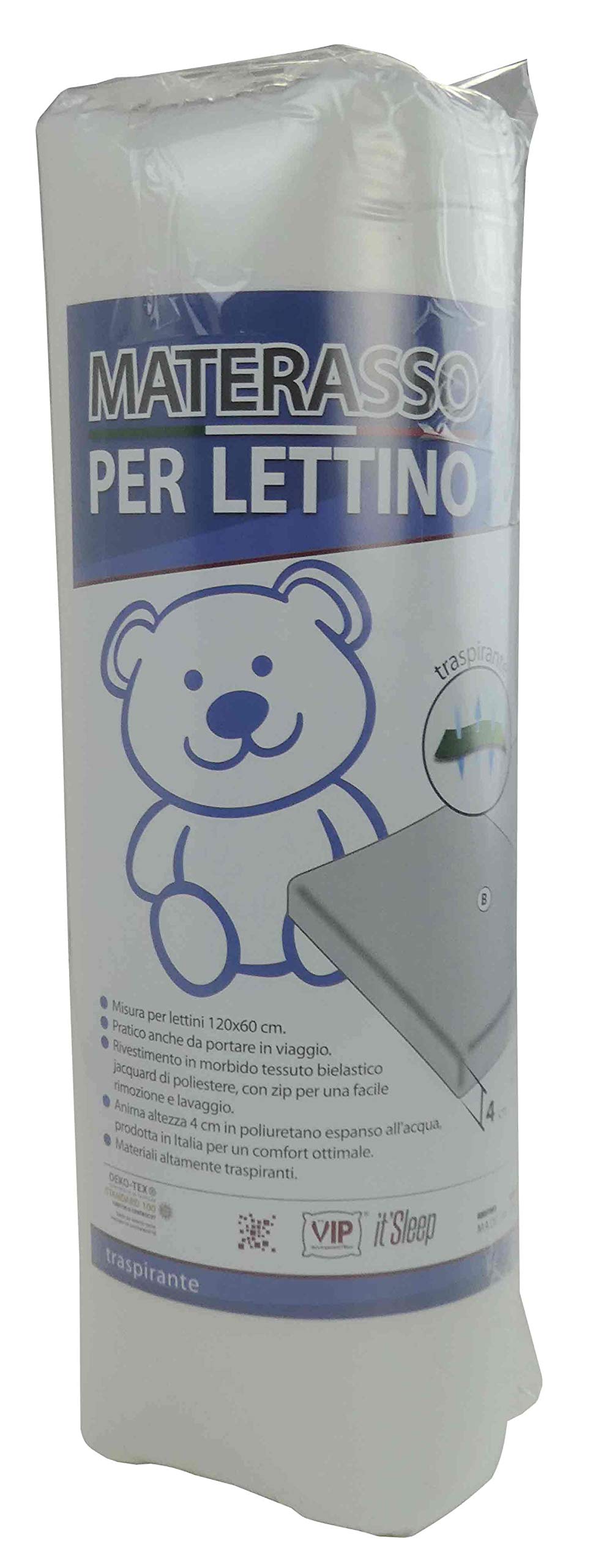 Casatessile Materasso per Lettino - Ideale per Viaggi, da Campeggio, è Sfoderabile e certificato OEKO-TEX Prodotto in Italia - 60x120x4 cm