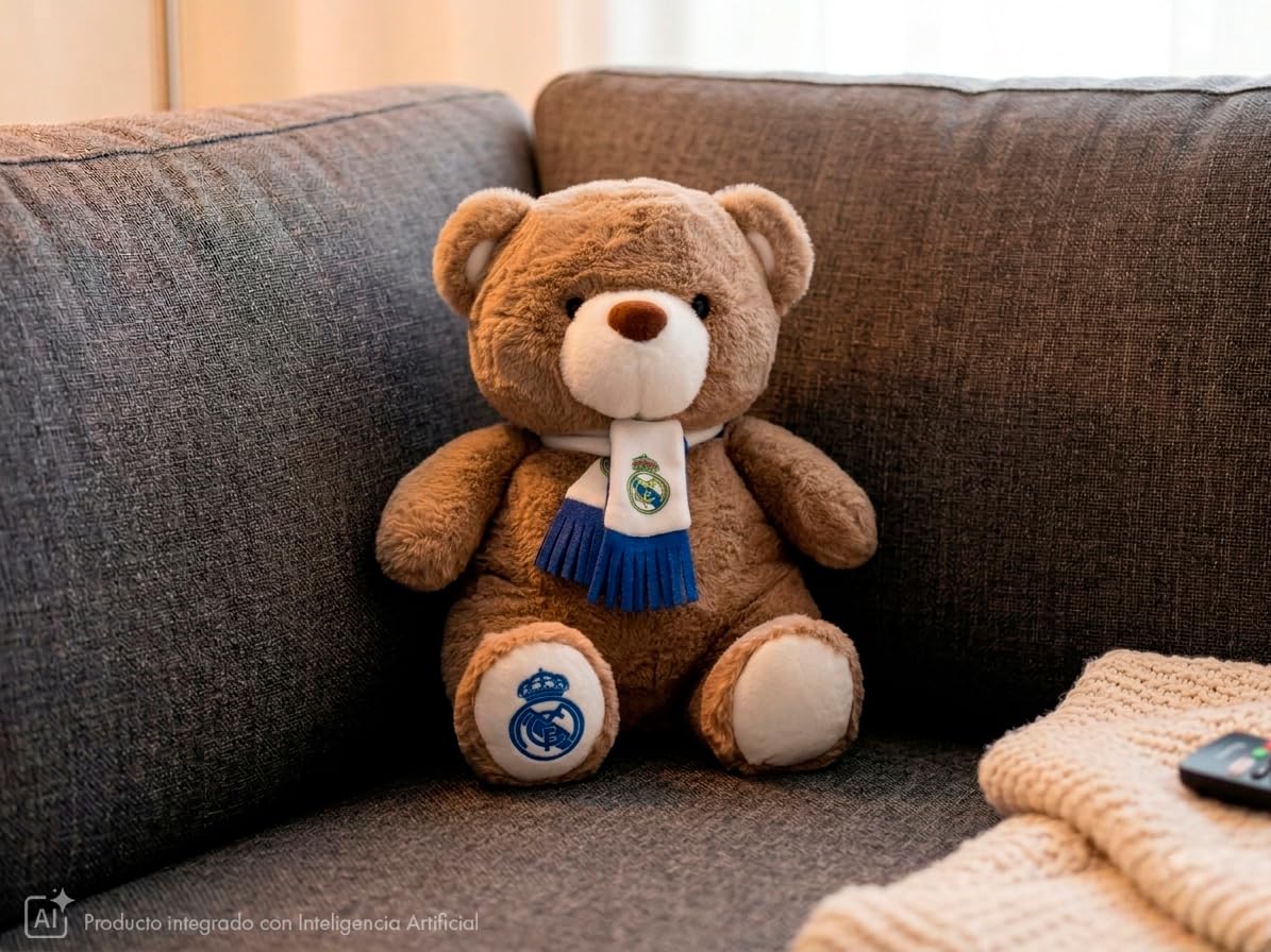 CYPBRANDS Real Madrid Teddybär mit Schal, 32 cm, Beige, weicher und kuscheliger Plüsch, Geschenk für Kinder und Fans, offizielles Produkt