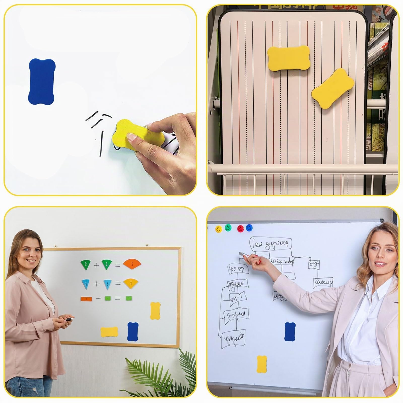 Borrador Pizarra Blanca, 10 Unidades (Amarillo, Azul), Borrador Magnético Pizarra Blanca de gomay Fieltro, Ligero y con Fuerte, para Borrar Rotuladores de Pizarra