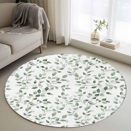 Miniatura 17 de Round Rugs 6ft, Gray Eucalyptus Leaves Non-Slip Area Rugs for Living Room Bedroom Entryway, Summer Botanical Watercolor Retro Washable Carpet Runner