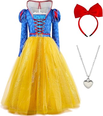 Princess Costume for Girls Princess Snow Cosplay Dress Halloween Dress Up with Headband Necklace
