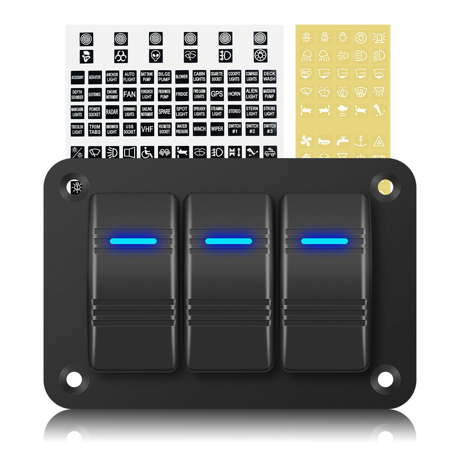 Rocker Switch Panel 12V Marine Boat Switch Panel Waterproof 12 Volt Blue LED Light Toggle Switch Panel ON Off with Pre-Wired for Boat Automotive Car Truck RV UTV (3 Gang)