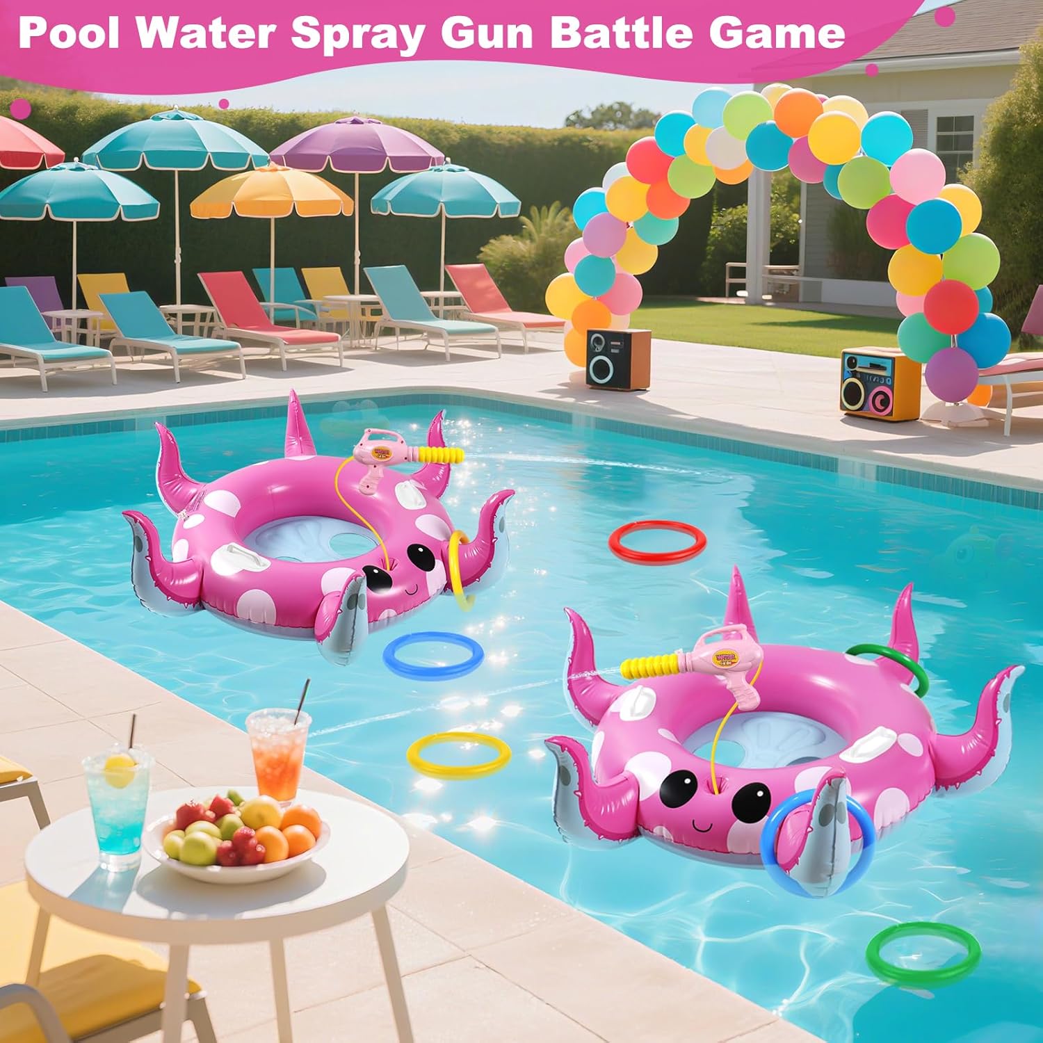Motiloo Octopus Kids Pool Float with Water Gun - Toddler Inflatable Pool Toys for Kids 3-12 Years Old Summer Pool Parties & Outdoor Water Fights