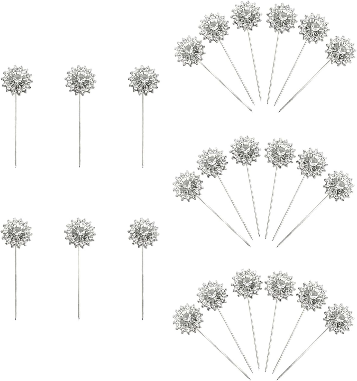 XGNG 24PCS Silver Alloy Diamond Flower Rhinestone Wedding Corsage Bouquet Pins - Round Diamond Crystal Floral Pins for Wedding Bridal Decoration