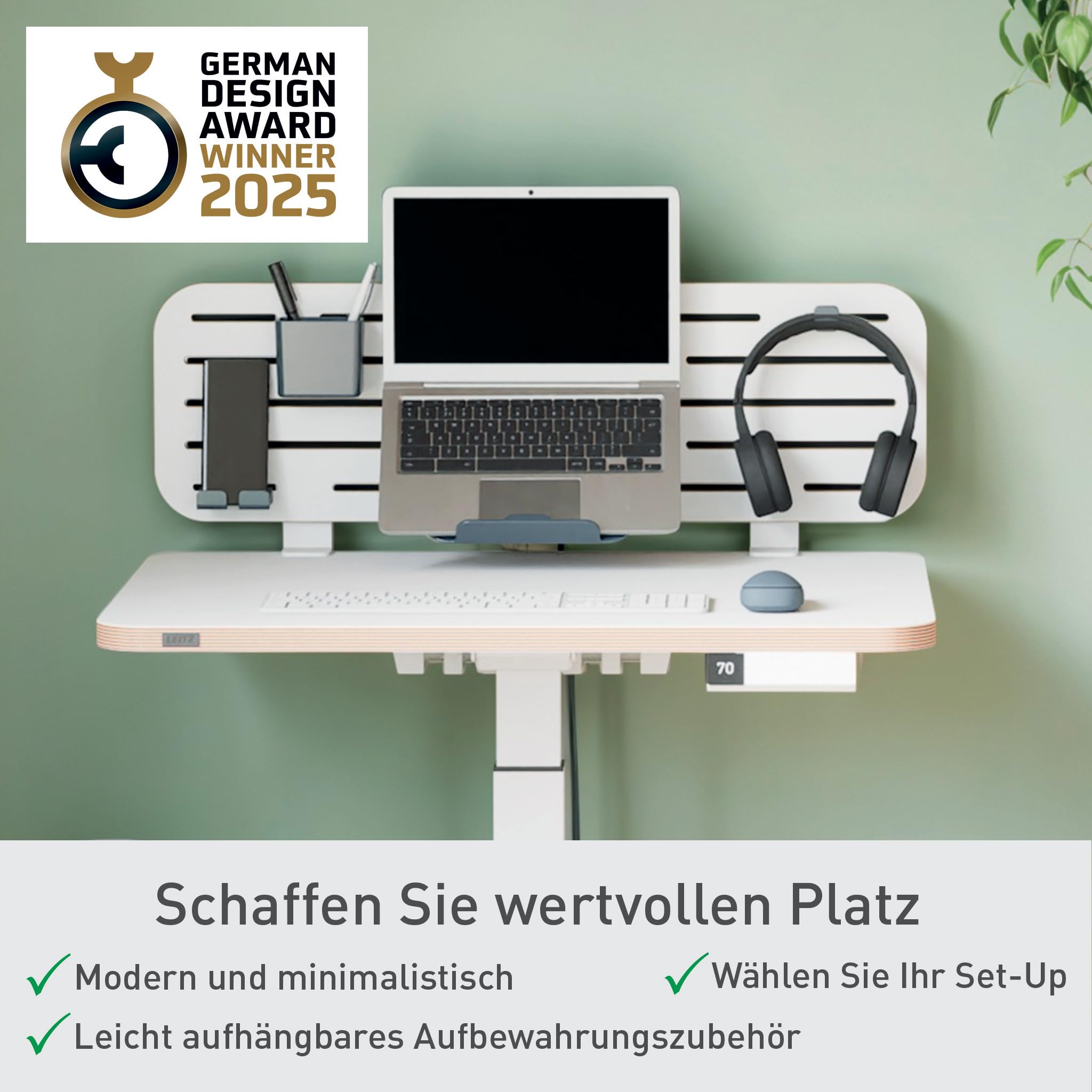 Leitz Ergo Pegboard Schreibtisch-Organizer mit Laptop-Halterung & Zubehör, Hochwertige Stecktafel kompatibel mit Tischdicke bis 35mm, breite Hängeschlitze, Klemmbefestigung, 80 x 25 cm, Weiß, 65490000
