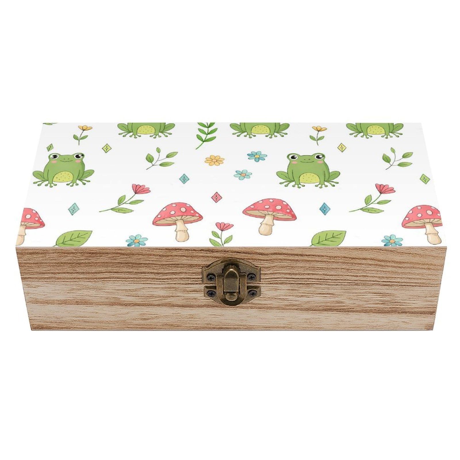 SMAZDFXX Cute Green Frogs Black Wooden Storage Box With Hinged Lid Decorative Front Clasp Keepsake Boxes