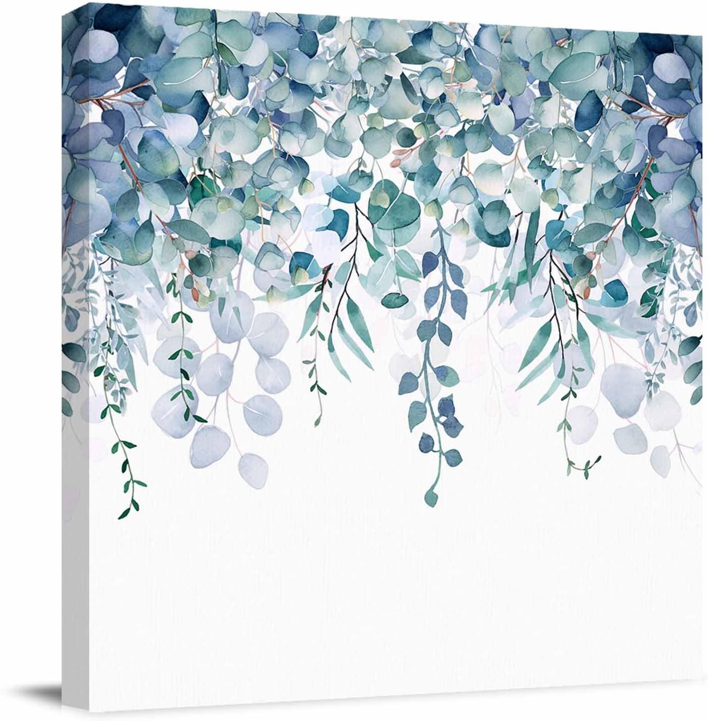 Blue Leaves Canvas Wall Art for Living Room Bedroom Watercolor Eucalyptus Leaf Wall Paintings Botanical Framed Prints Pictures Spring Wall Decor for Home Decorations, Ready to Hang, 12''x12''
